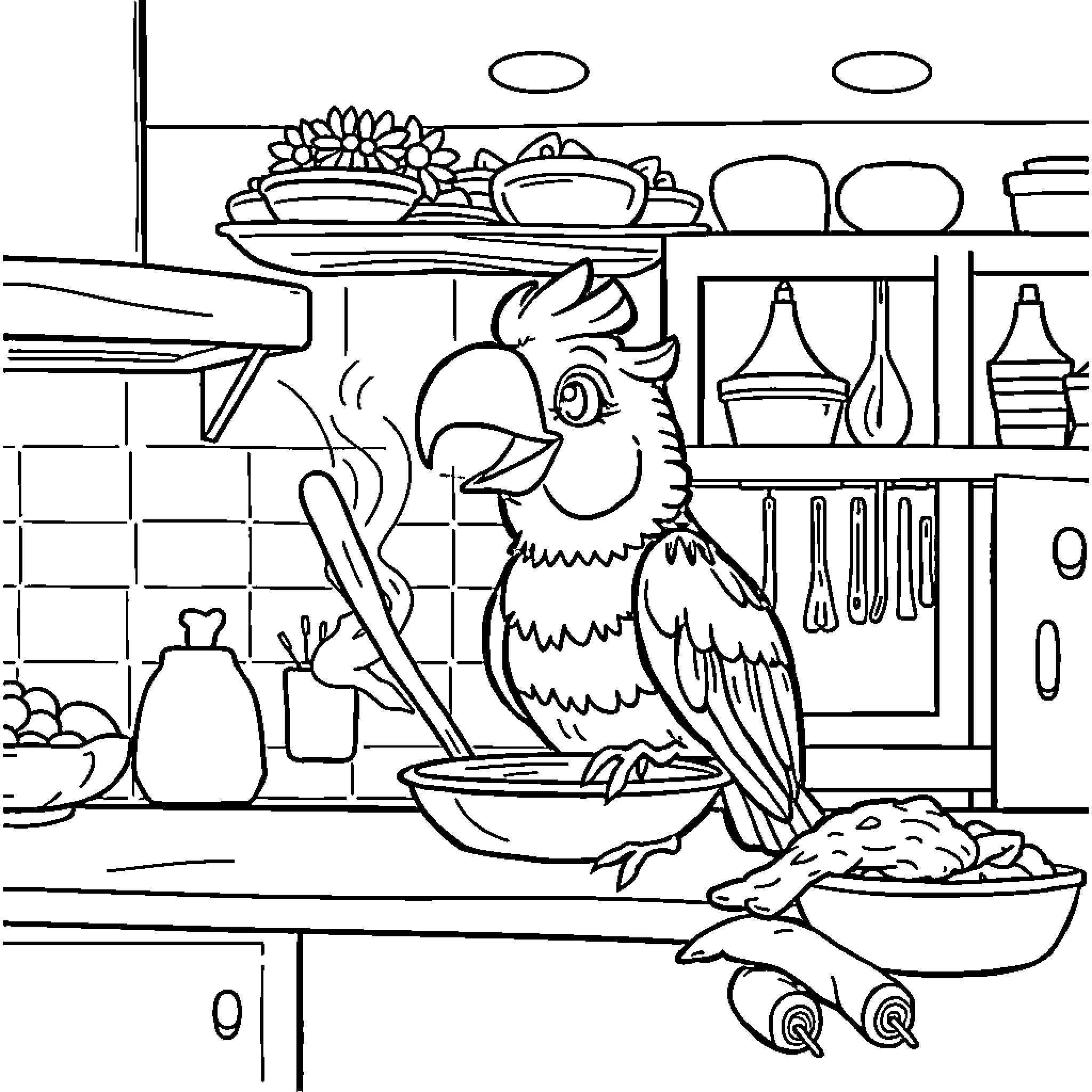 Ñandú Cooking Meals in a Cozy Kitchen Coloring Page (free black-and-white line drawing printable PDF for all, from beginners to advanced learners, including children, teens, adults, and seniors)