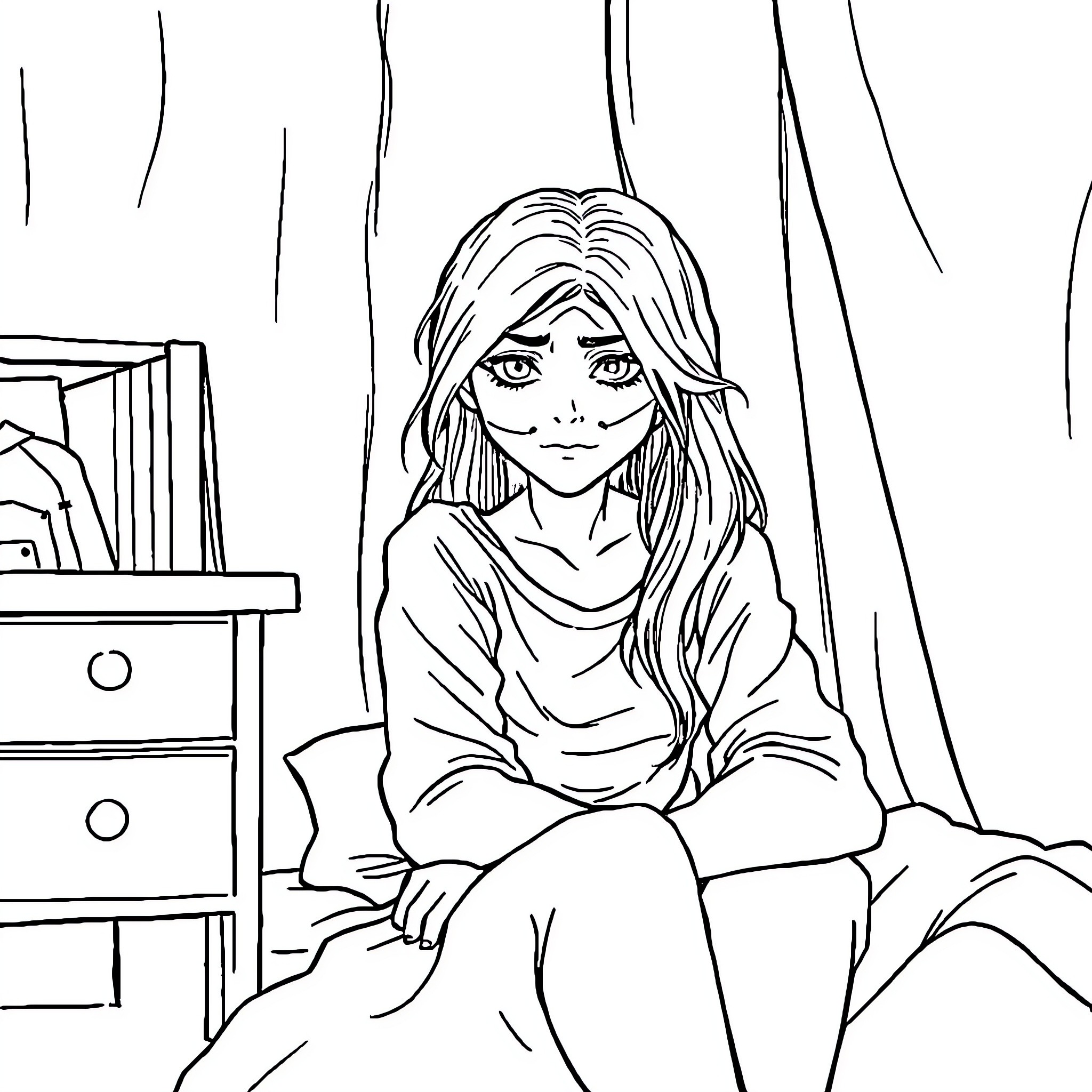 Girl sitting alone in her room Coloring Page (free black-and-white line drawing printable PDF for all, from beginners to advanced learners, including children, teens, adults, and seniors)