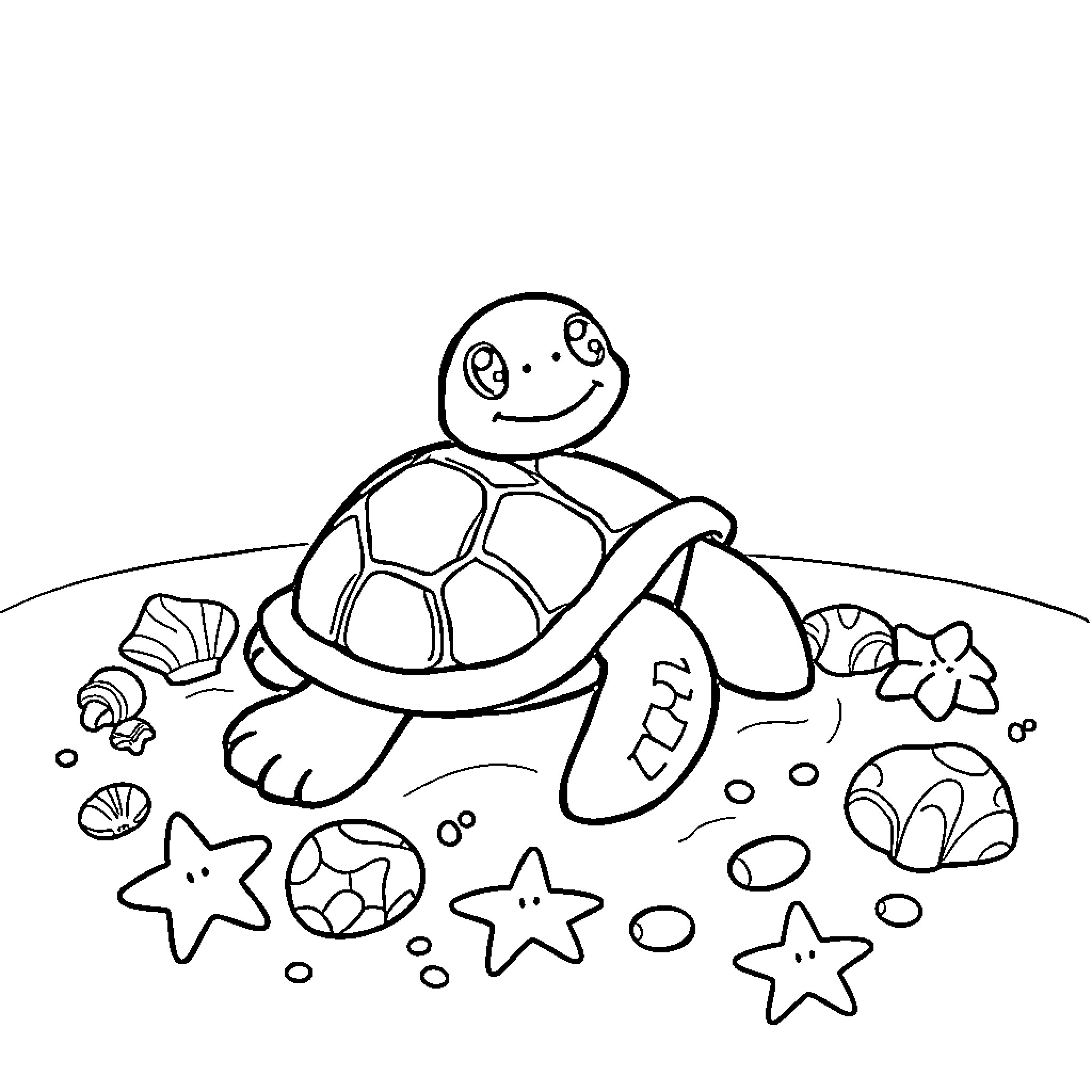 Turtle crawling on beach with starfish Coloring Page (free black-and-white line drawing printable PDF for all, from beginners to advanced learners, including children, teens, adults, and seniors)