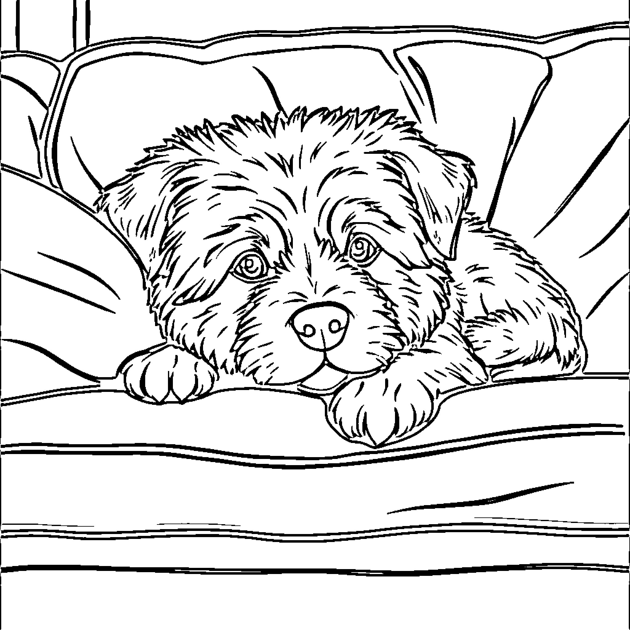 Dog resting in a cozy bed Coloring Page (free black-and-white line drawing printable PDF for all, from beginners to advanced learners, including children, teens, adults, and seniors)