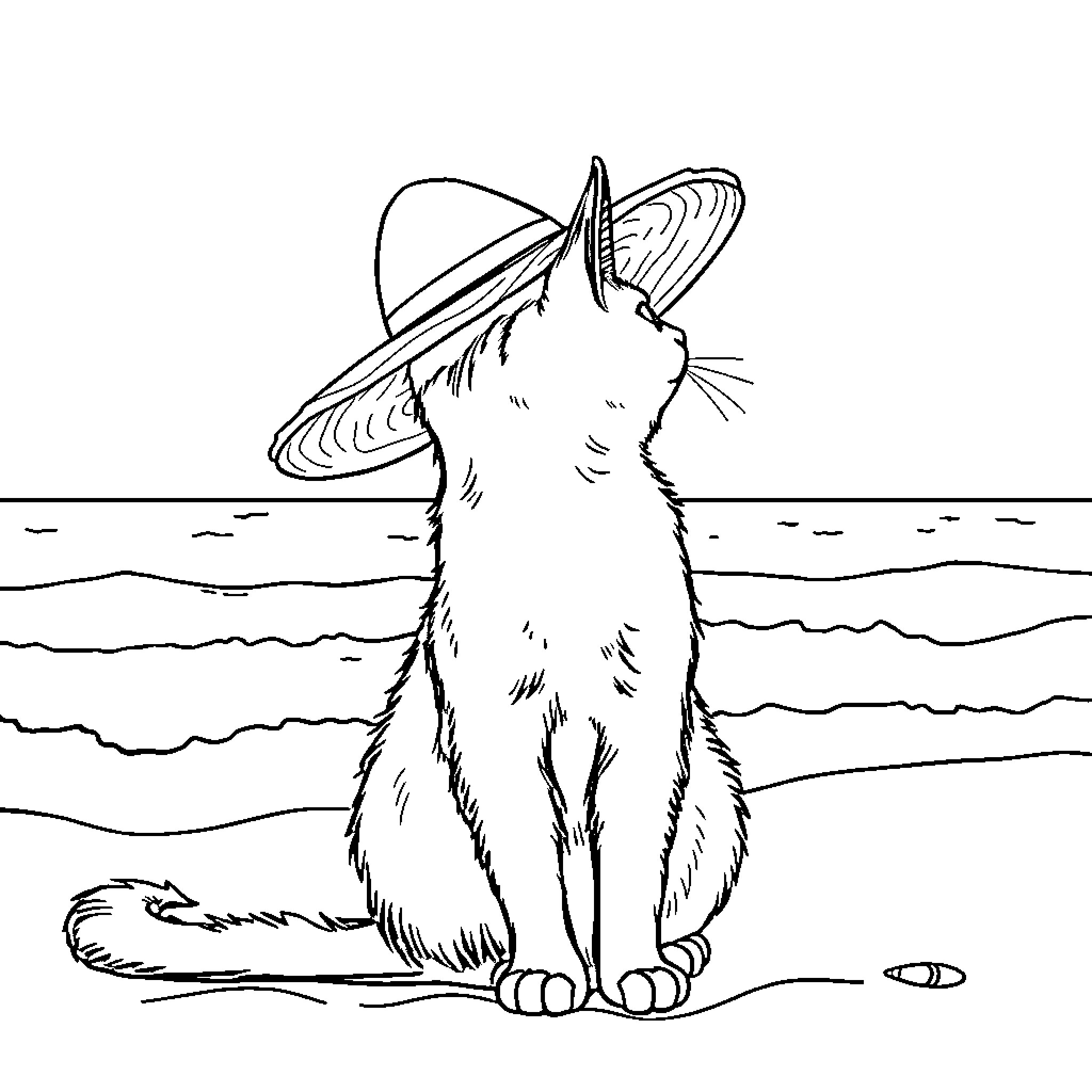 Cat in a sun hat by the ocean Coloring Page (free black-and-white line drawing printable PDF for all, from beginners to advanced learners, including children, teens, adults, and seniors)