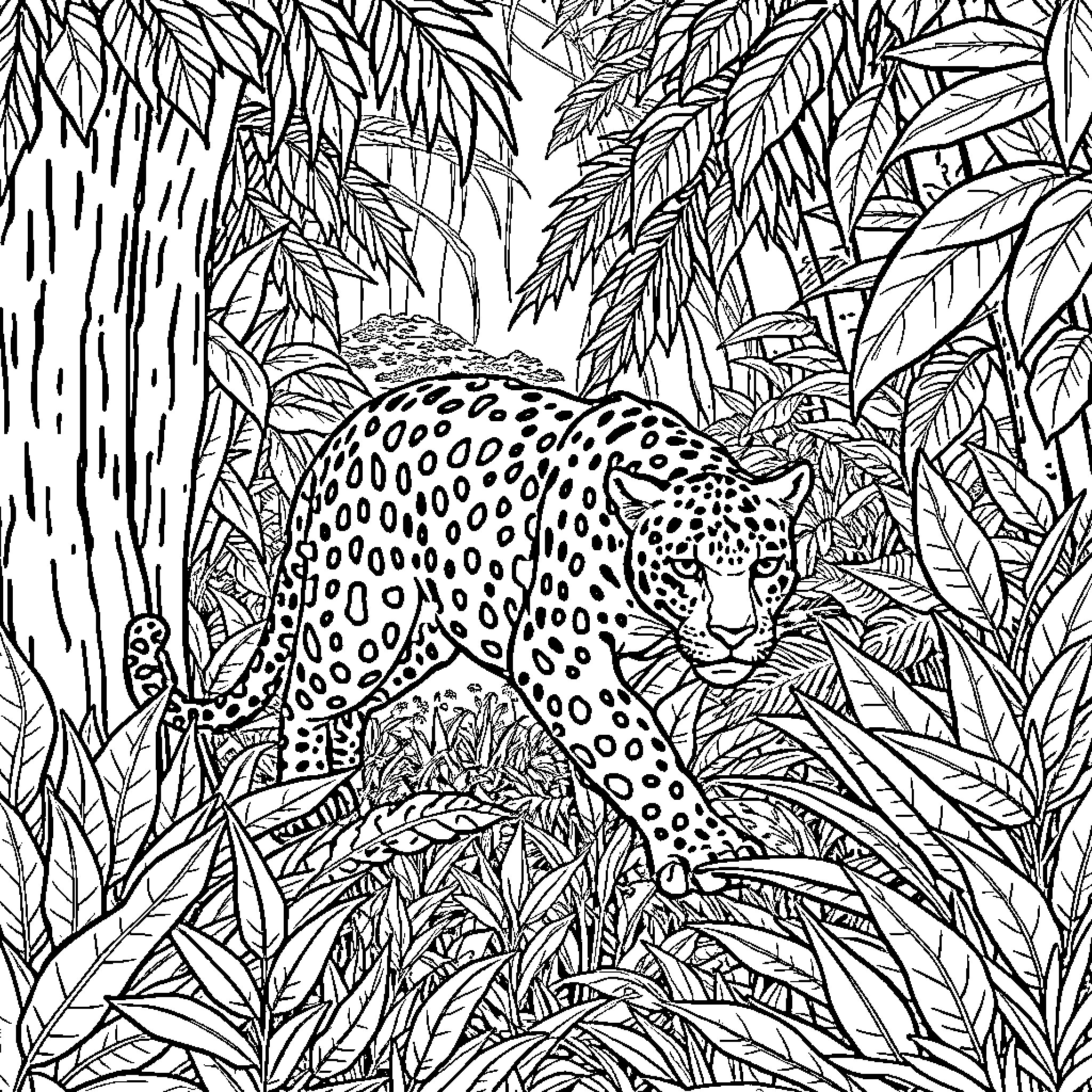 Jaguar prowling through the lush jungle Coloring Page (free black-and-white line drawing printable PDF for all, from beginners to advanced learners, including children, teens, adults, and seniors)