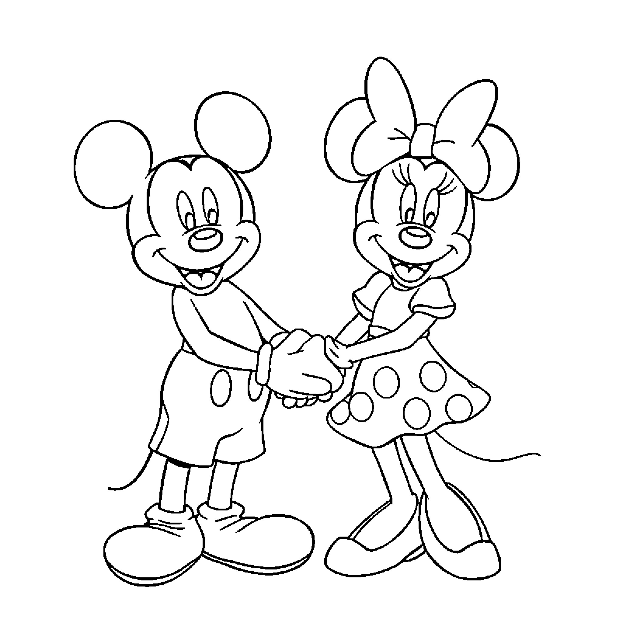 Mickey and Minnie holding hands happily Coloring Page (free black-and-white line drawing printable PDF for all, from beginners to advanced learners, including children, teens, adults, and seniors)