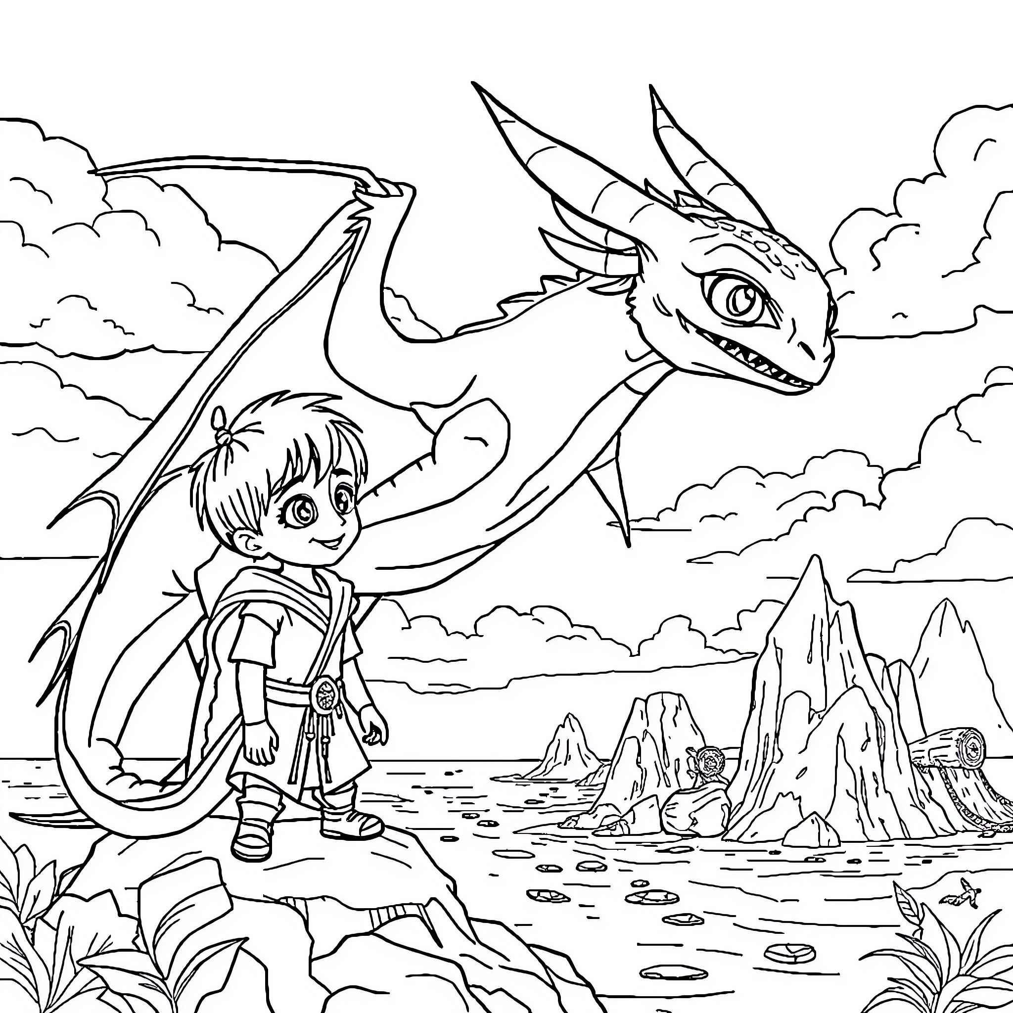 Dragon riding with a young adventurer in the mountains Coloring Page (free black-and-white line drawing printable PDF for all, from beginners to advanced learners, including children, teens, adults, and seniors)