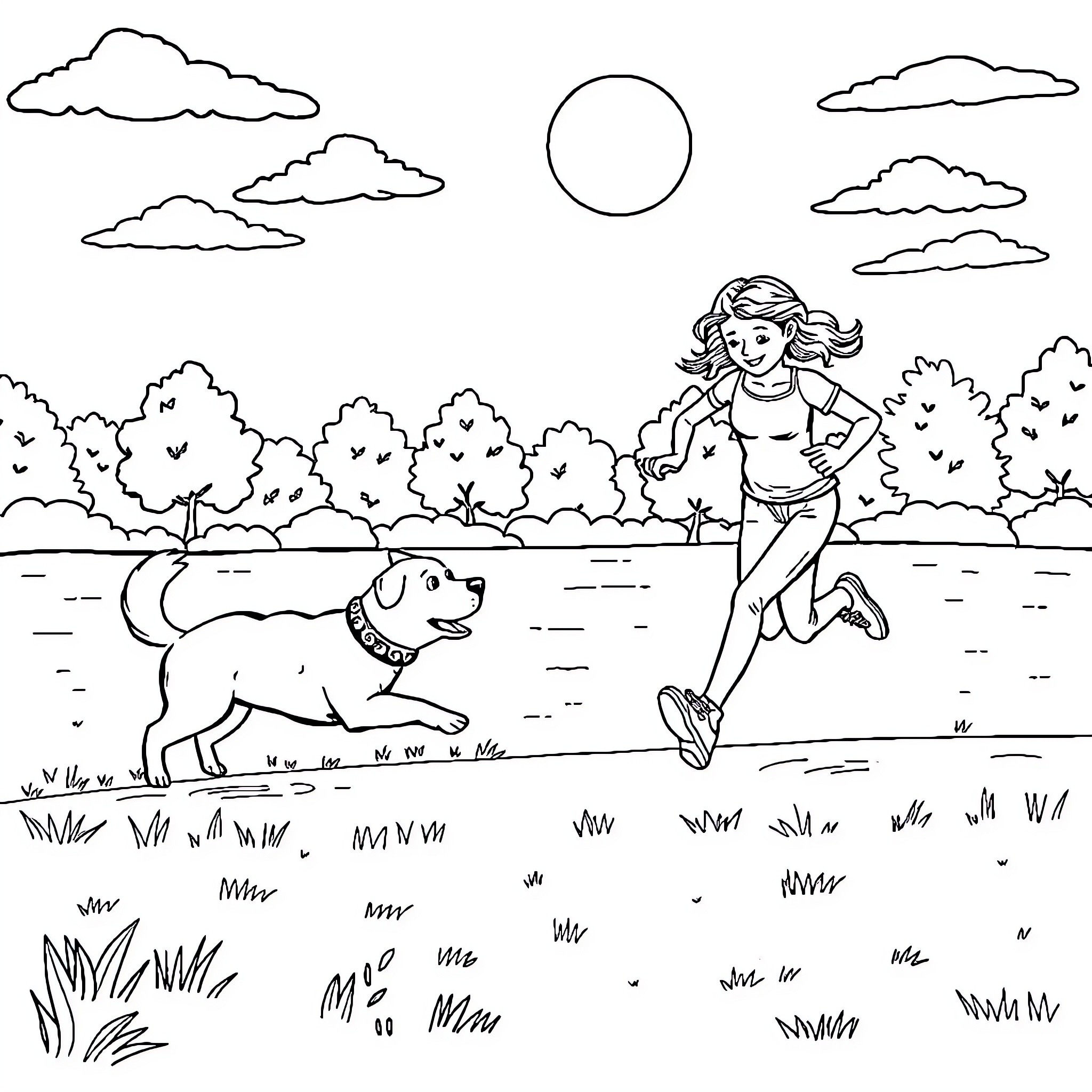 Dog and girl running happily in the park Coloring Page (free black-and-white line drawing printable PDF for all, from beginners to advanced learners, including children, teens, adults, and seniors)