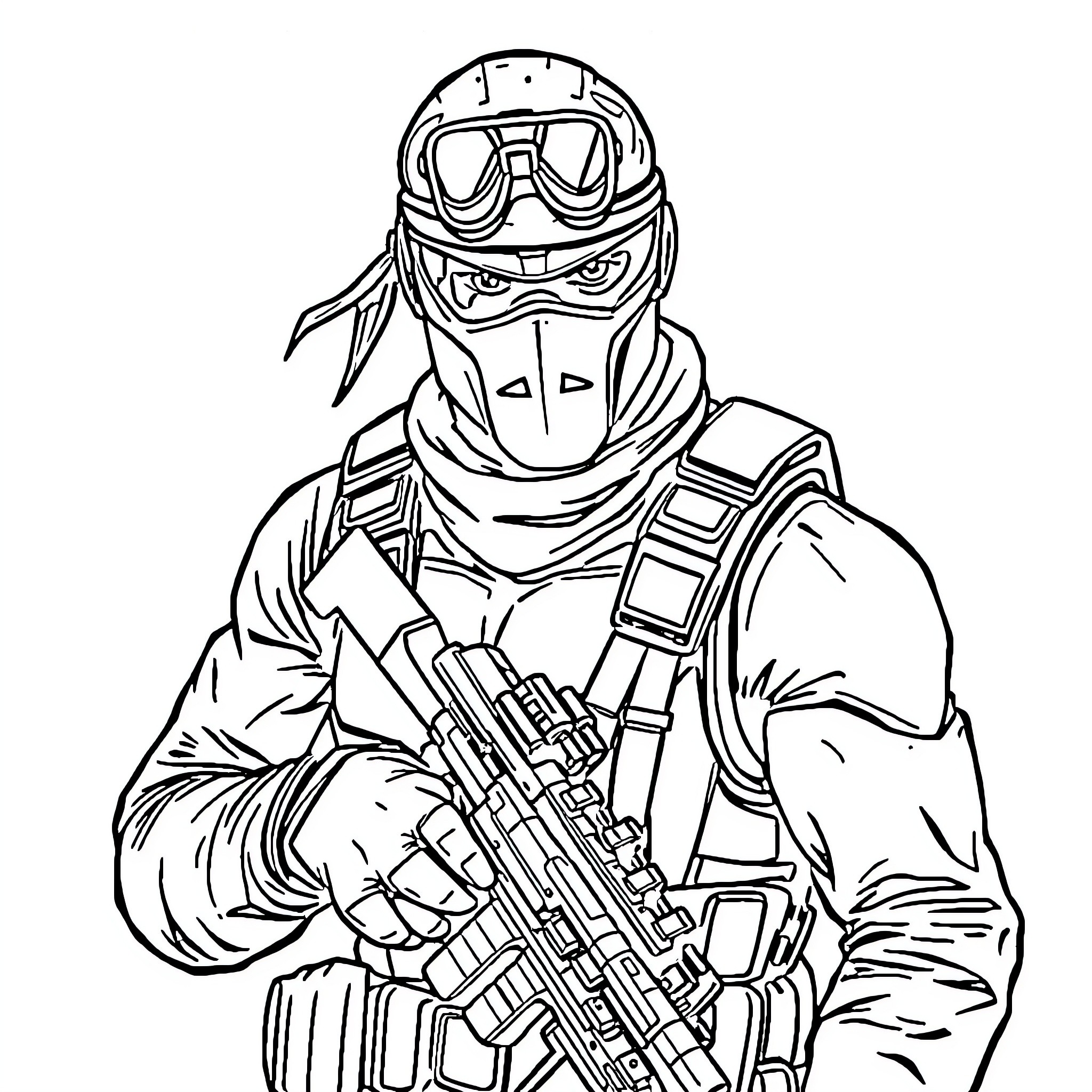 Solid Snake in combat gear with rifle Coloring Page (free black-and-white line drawing printable PDF for all, from beginners to advanced learners, including children, teens, adults, and seniors)