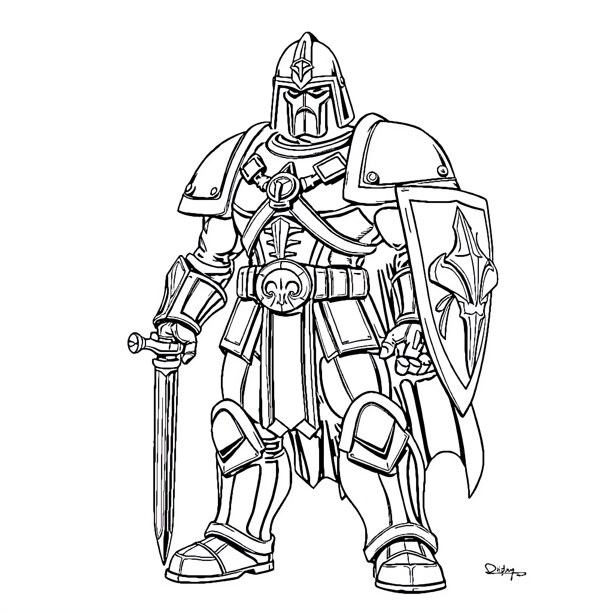 Man-at-Arms in Heroic Warrior Pose Coloring Page (free black-and-white line drawing printable PDF for all, from beginners to advanced learners, including children, teens, adults, and seniors)