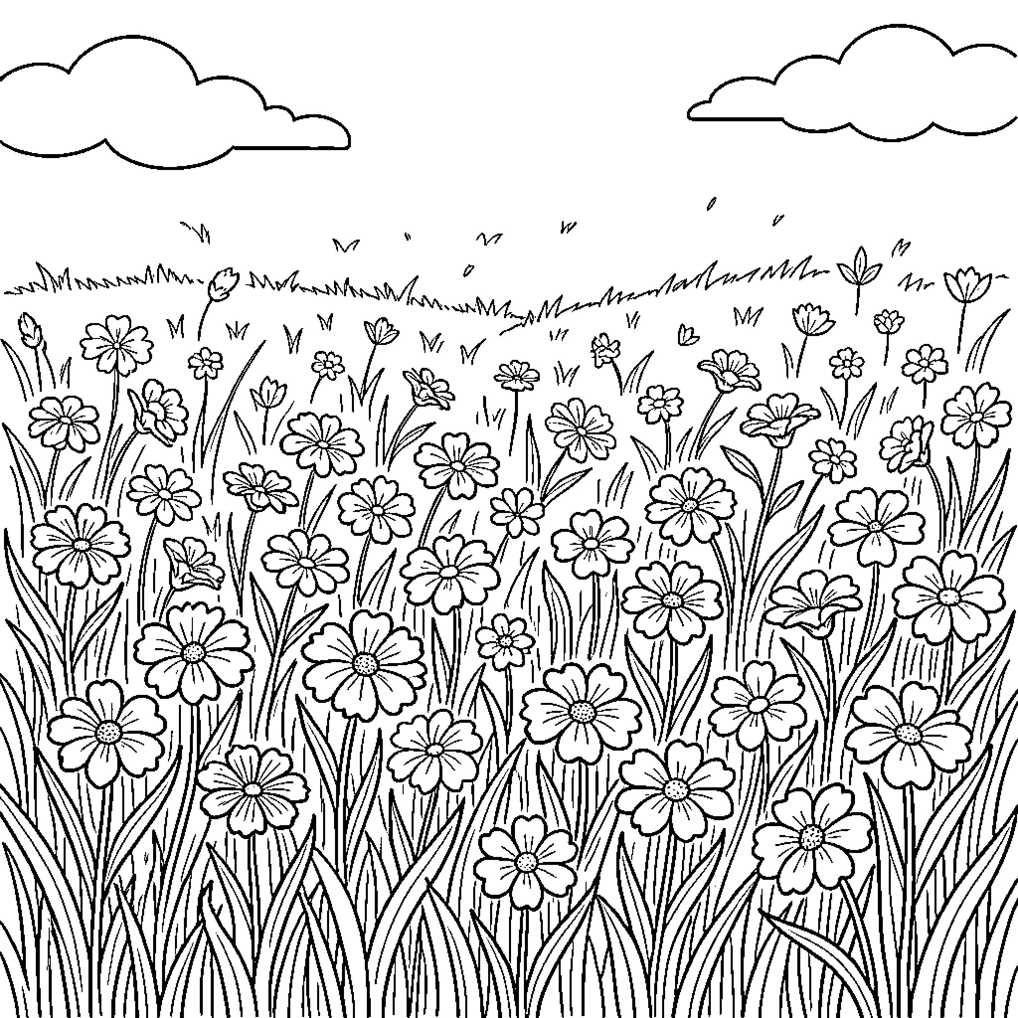 Flower meadow blooming under a cloudy sky Coloring Page (free black-and-white line drawing printable PDF for all, from beginners to advanced learners, including children, teens, adults, and seniors)