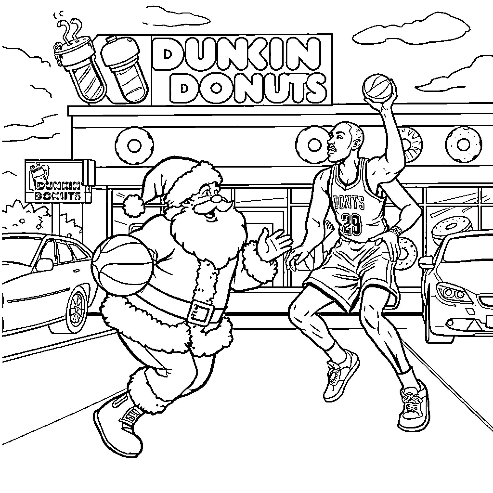 Santa Claus playing basketball with basketball player in front of Dunkin Donuts Coloring Page (free black-and-white line drawing printable PDF for all, from beginners to advanced learners, including children, teens, adults, and seniors)