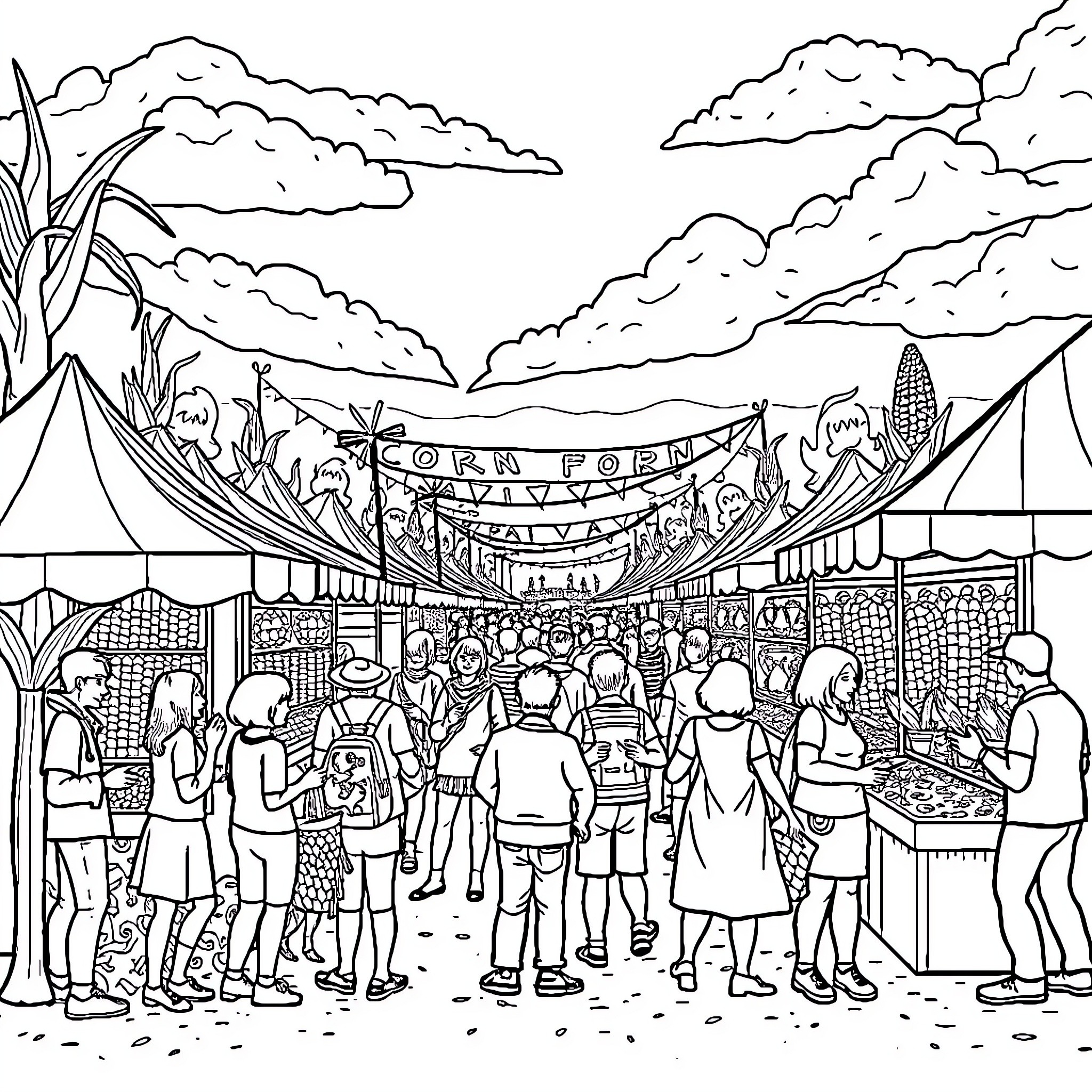 Corn Festival: Crowds, Tents, and Festive Banners Coloring Page (free black-and-white line drawing printable PDF for all, from beginners to advanced learners, including children, teens, adults, and seniors)