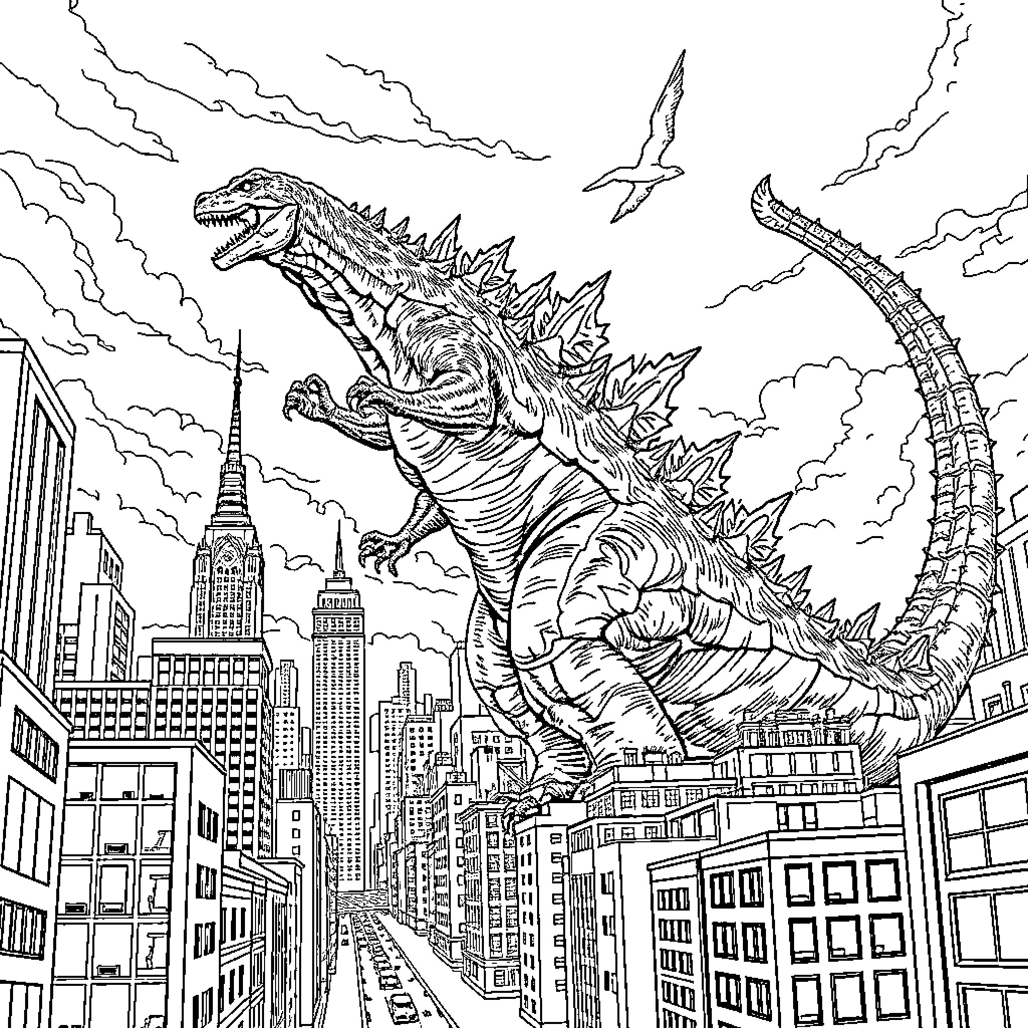 Godzilla Rampages Through the City Skyline Coloring Page (free black-and-white line drawing printable PDF for all, from beginners to advanced learners, including children, teens, adults, and seniors)