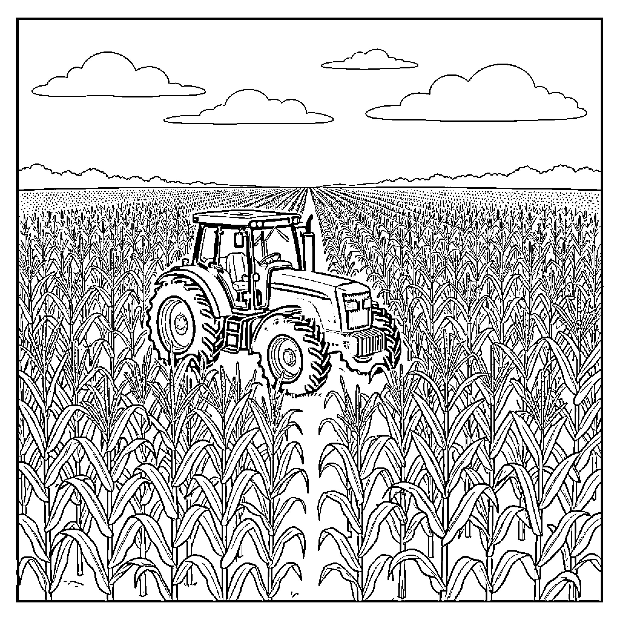 Tractor driving through a large corn field Coloring Page (free black-and-white line drawing printable PDF for all, from beginners to advanced learners, including children, teens, adults, and seniors)