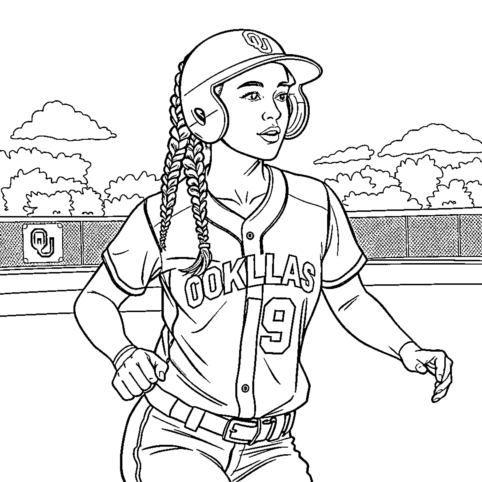 Softball Player in Uniform on Field Coloring Page (free black-and-white line drawing printable PDF for all, from beginners to advanced learners, including children, teens, adults, and seniors)