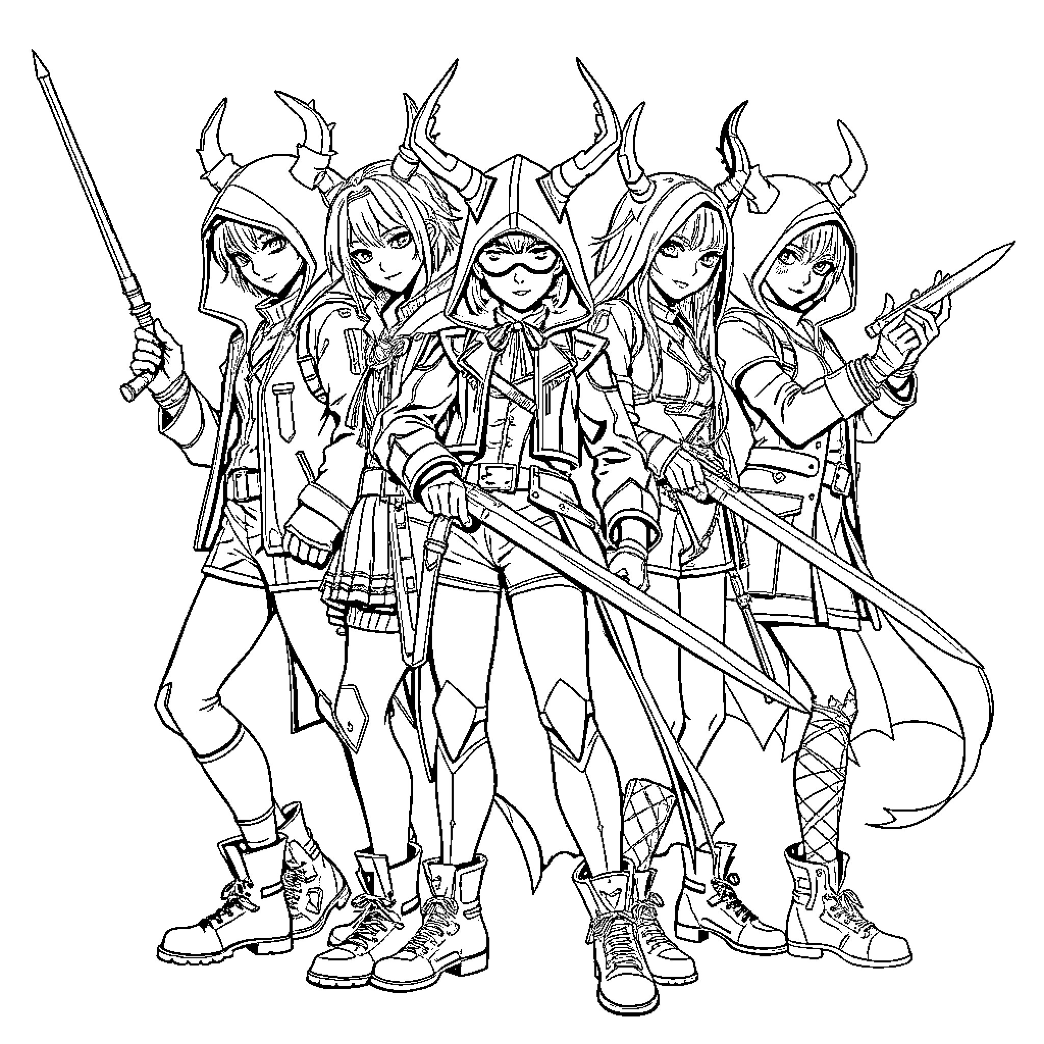 Demon Hunter Squad in Heroic Poses Coloring Page (free black-and-white line drawing printable PDF for all, from beginners to advanced learners, including children, teens, adults, and seniors)