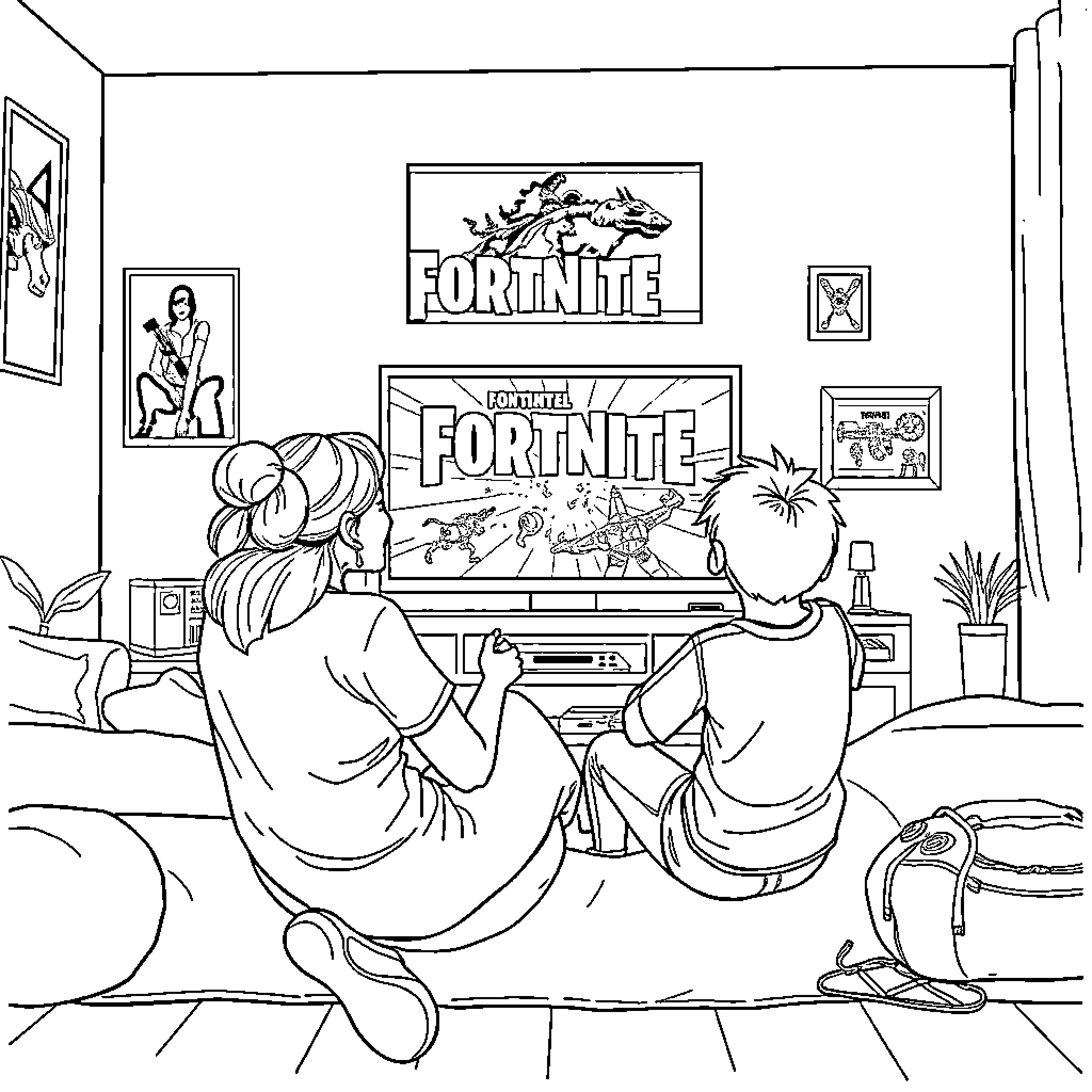 Mother and child playing Fortnite video game together Coloring Page (free black-and-white line drawing printable PDF for all, from beginners to advanced learners, including children, teens, adults, and seniors)