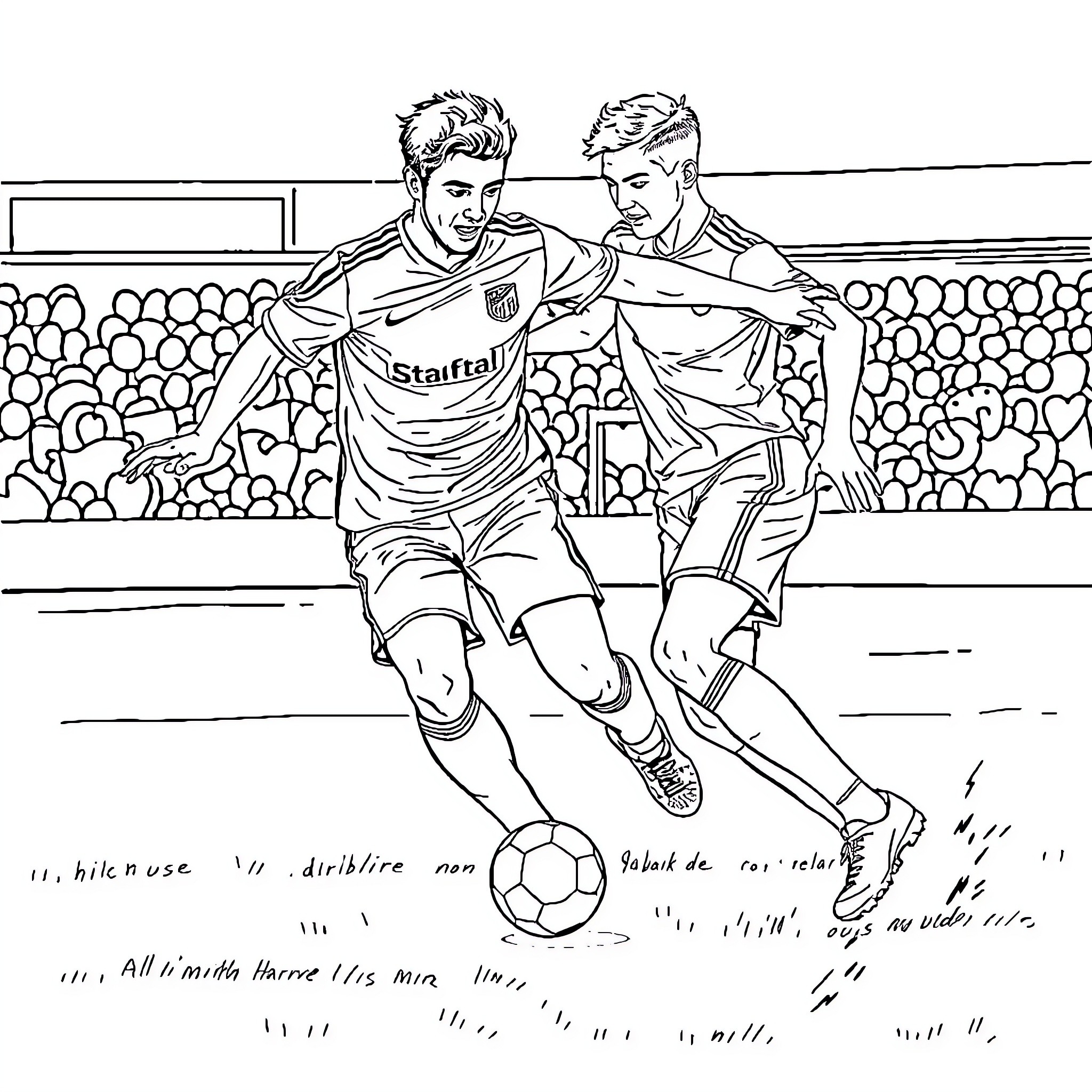 Football Players Competing on the Field Coloring Page (free black-and-white line drawing printable PDF for all, from beginners to advanced learners, including children, teens, adults, and seniors)