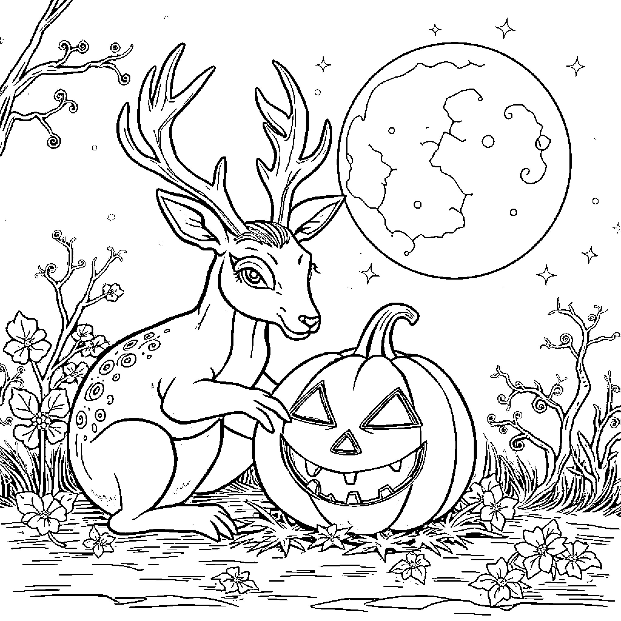 Deer with pumpkin under the moonlight Coloring Page (free black-and-white line drawing printable PDF for all, from beginners to advanced learners, including children, teens, adults, and seniors)