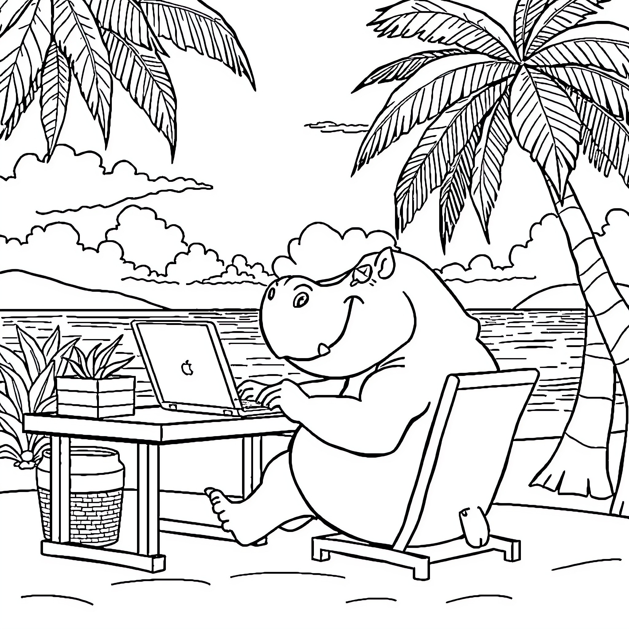 Hippopotamus working remotely on a laptop under palm trees Coloring Page (free black-and-white line drawing printable PDF for all, from beginners to advanced learners, including children, teens, adults, and seniors)