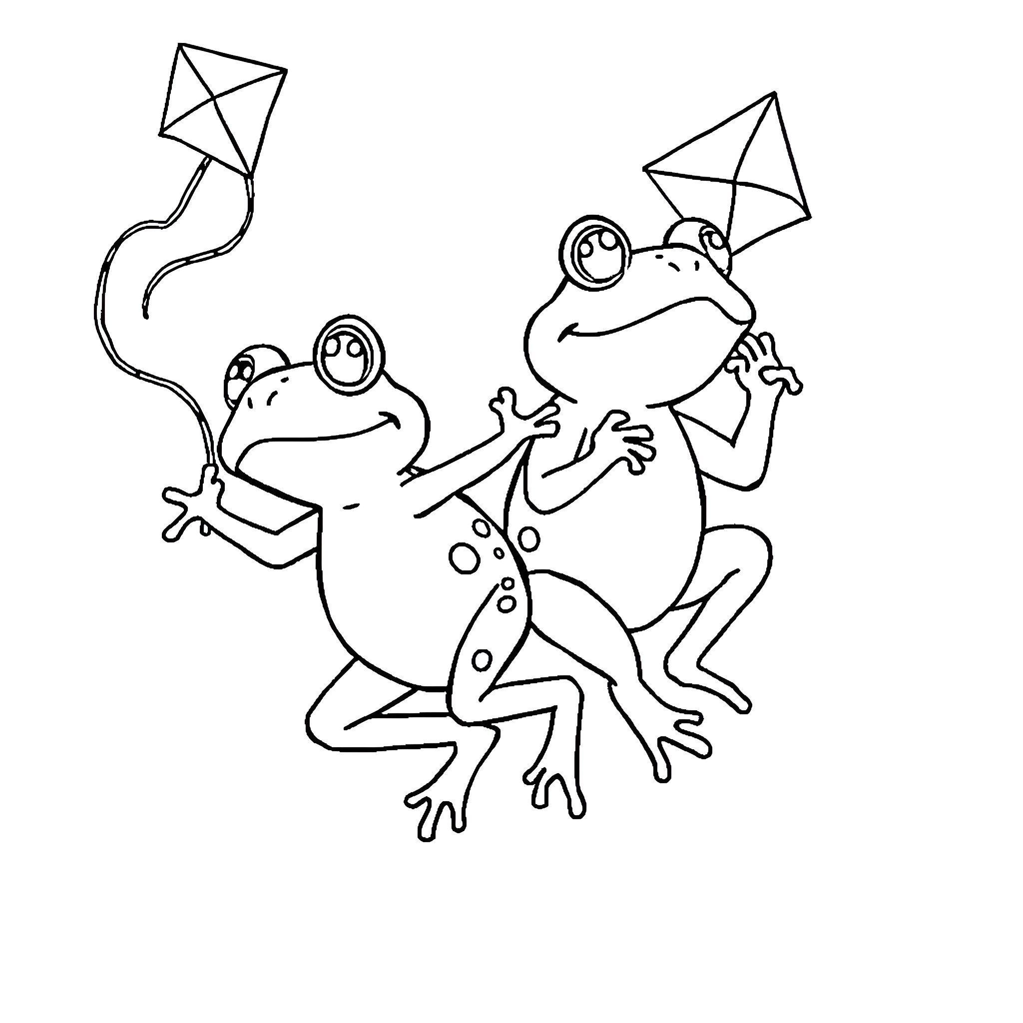 Frogs playing with kites joyfully Coloring Page (free black-and-white line drawing printable PDF for all, from beginners to advanced learners, including children, teens, adults, and seniors)