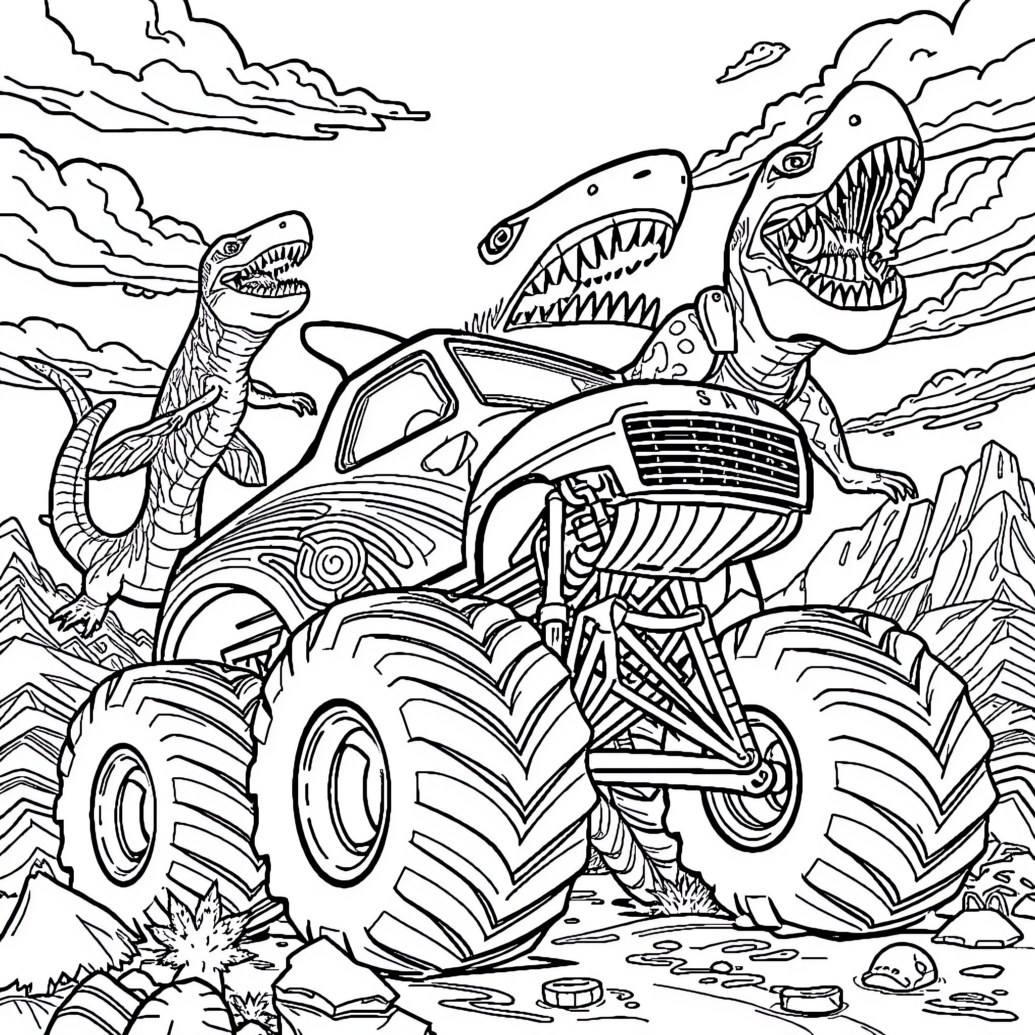 Monster truck roaring through the wilderness Coloring Page (free black-and-white line drawing printable PDF for all, from beginners to advanced learners, including children, teens, adults, and seniors)