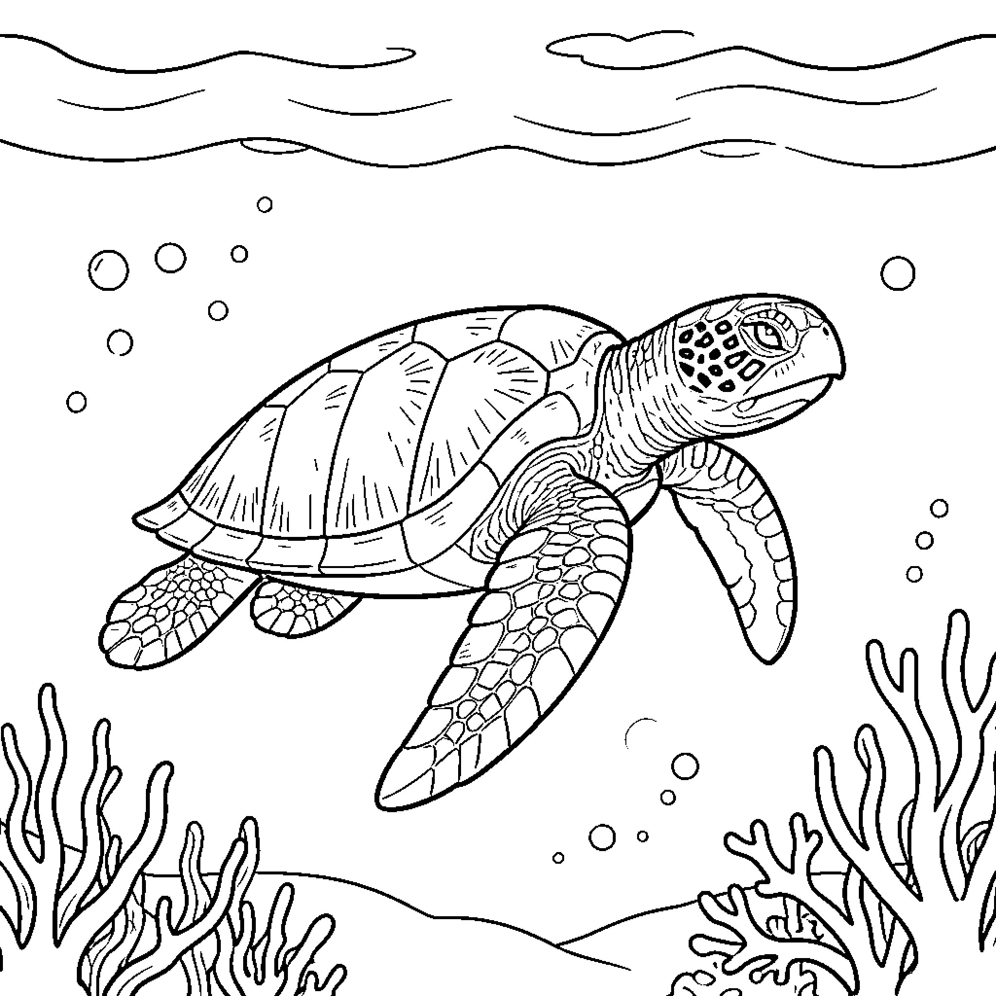 Sea Turtle swimming gracefully through the ocean coral reefs Coloring Page (free black-and-white line drawing printable PDF for all, from beginners to advanced learners, including children, teens, adults, and seniors)
