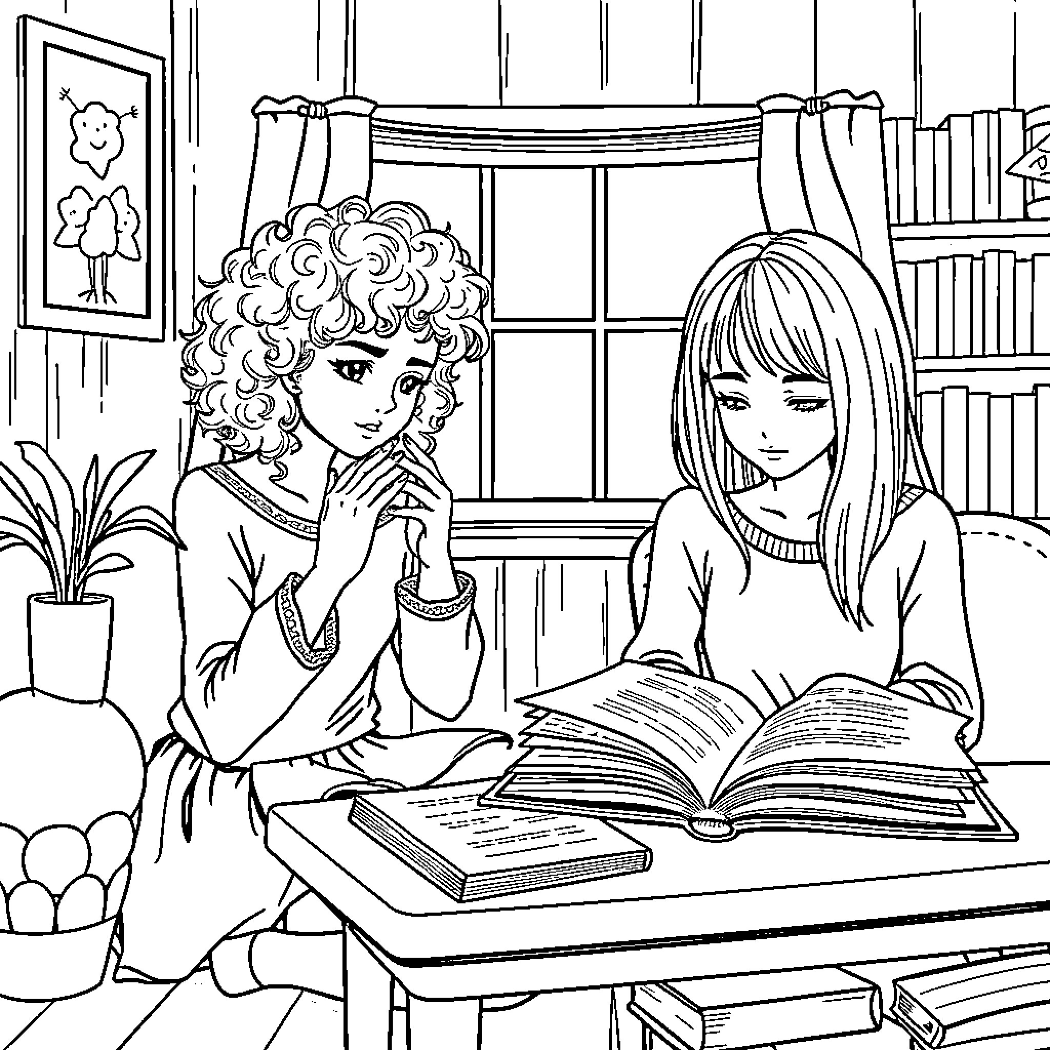Girls studying together in a cozy room Coloring Page (free black-and-white line drawing printable PDF for all, from beginners to advanced learners, including children, teens, adults, and seniors)