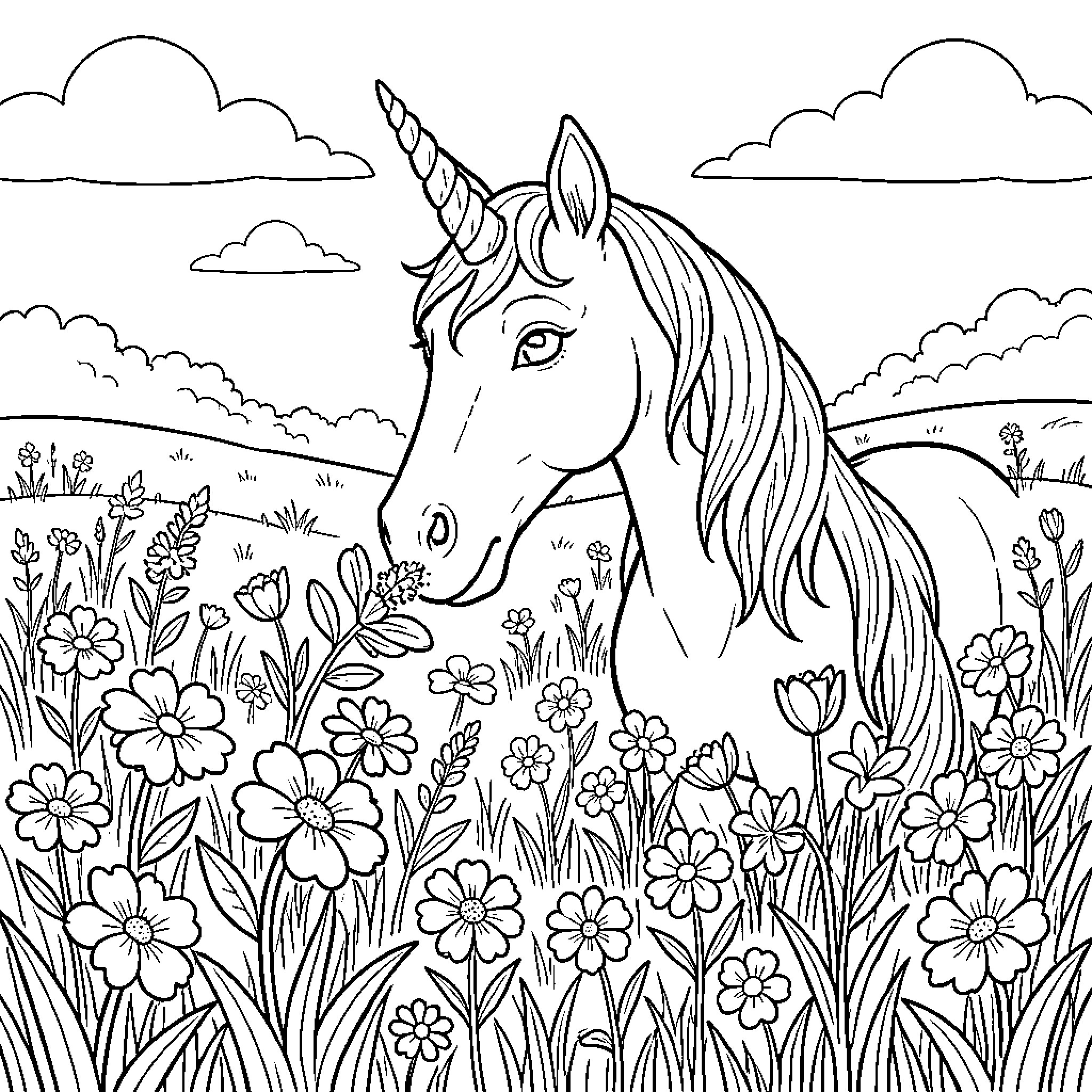 Unicorn standing peacefully in a meadow of flowers Coloring Page (free black-and-white line drawing printable PDF for all, from beginners to advanced learners, including children, teens, adults, and seniors)