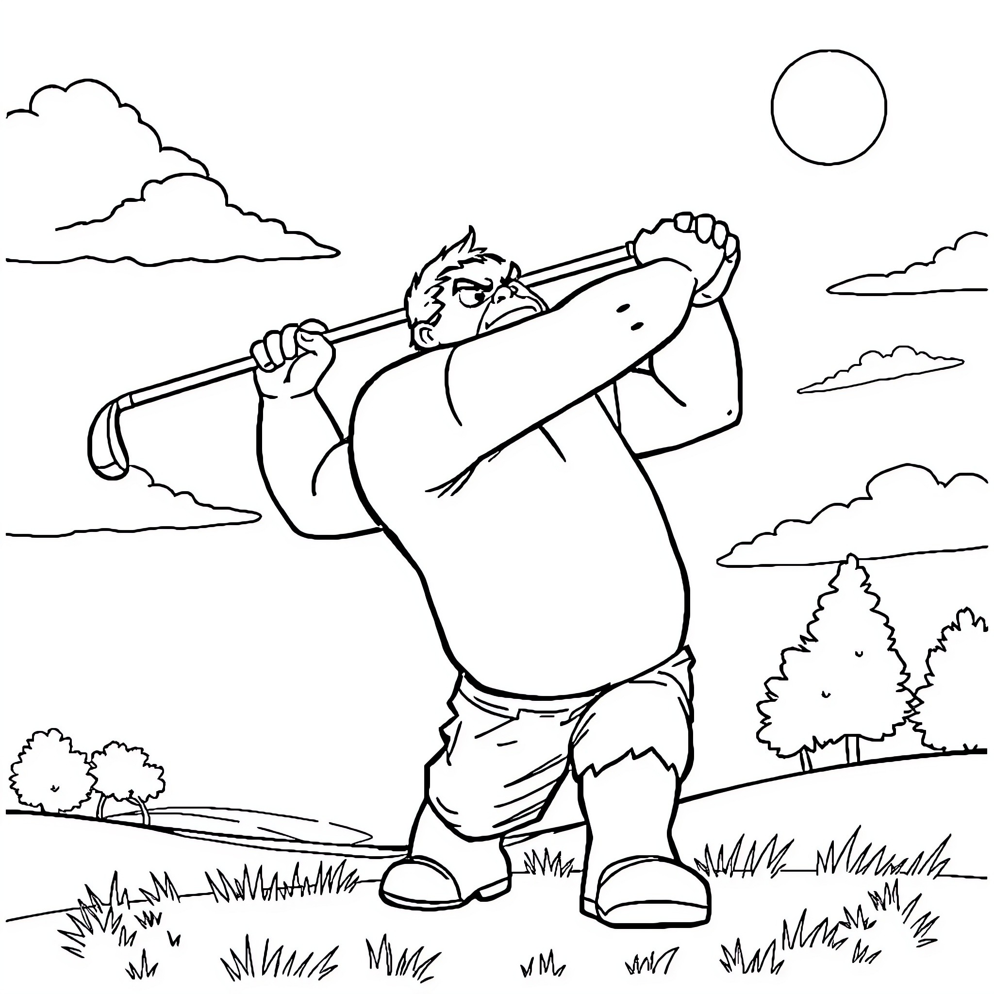Hulk swinging his golf club on the course Coloring Page (free black-and-white line drawing printable PDF for all, from beginners to advanced learners, including children, teens, adults, and seniors)