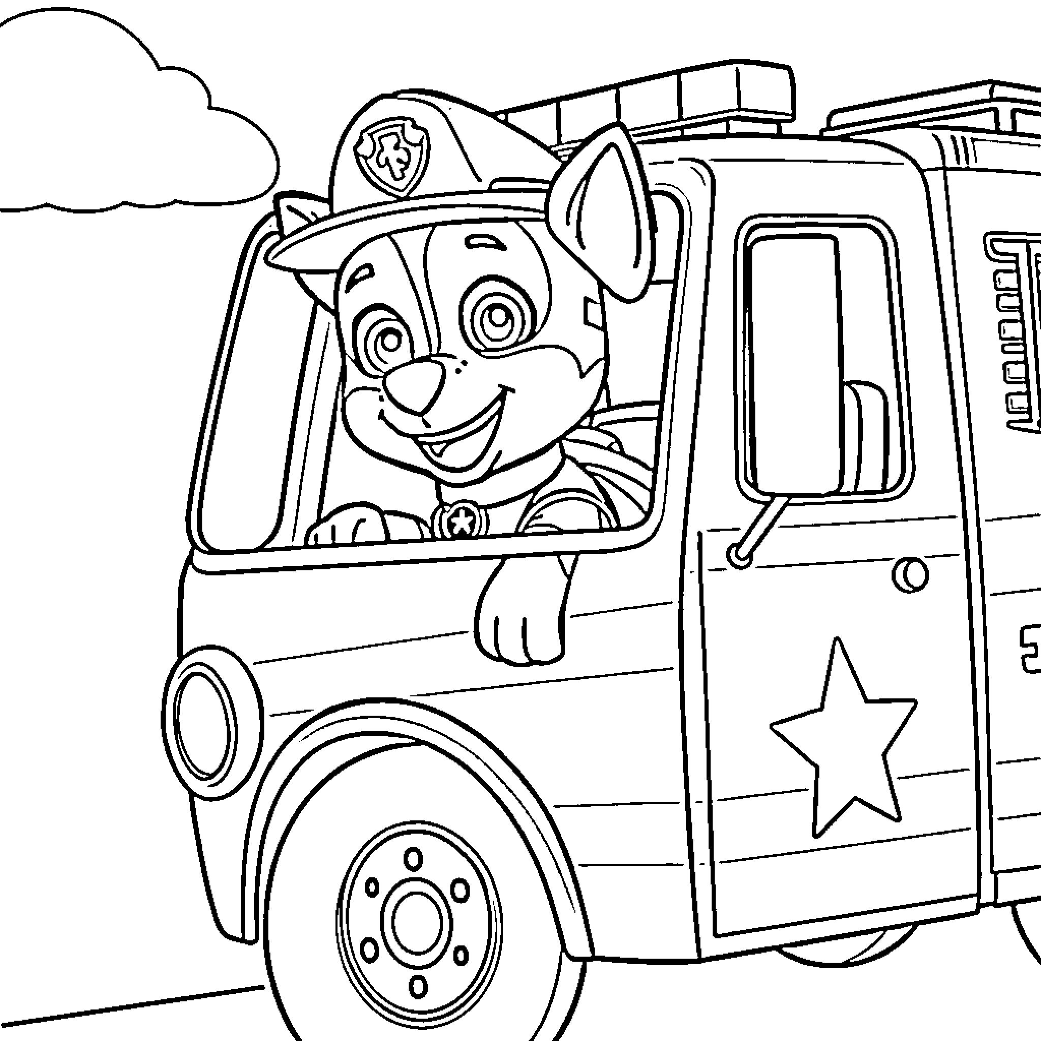 Marshal in action on a fire truck Coloring Page (free black-and-white line drawing printable PDF for all, from beginners to advanced learners, including children, teens, adults, and seniors)