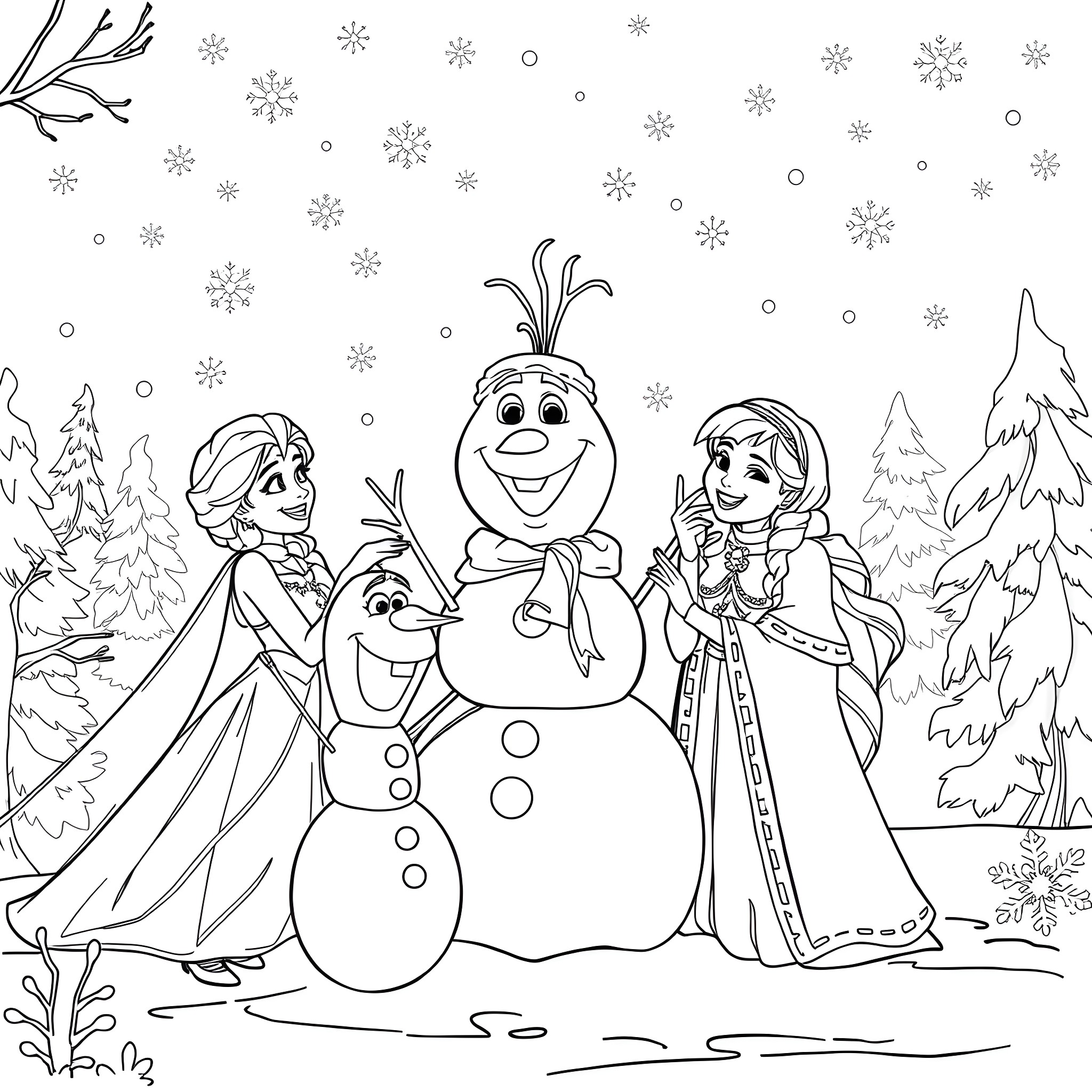Frozen Characters Playing in the Snowy Landscape Coloring Page (free black-and-white line drawing printable PDF for all, from beginners to advanced learners, including children, teens, adults, and seniors)