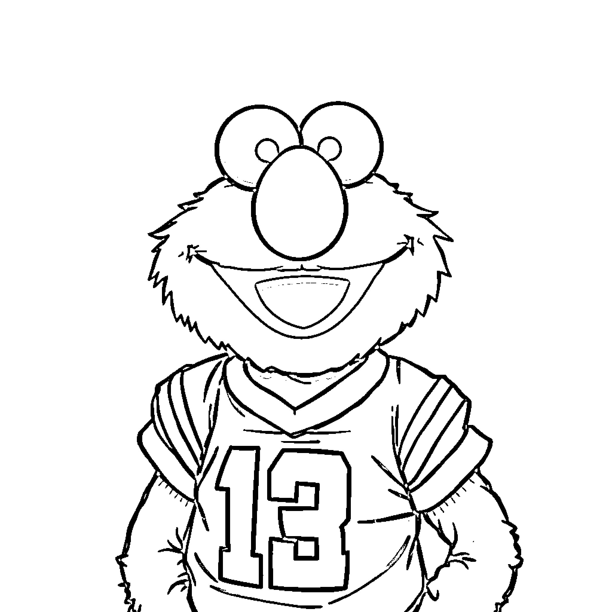 Elmo in football uniform with jersey number 13 Coloring Page (free black-and-white line drawing printable PDF for all, from beginners to advanced learners, including children, teens, adults, and seniors)