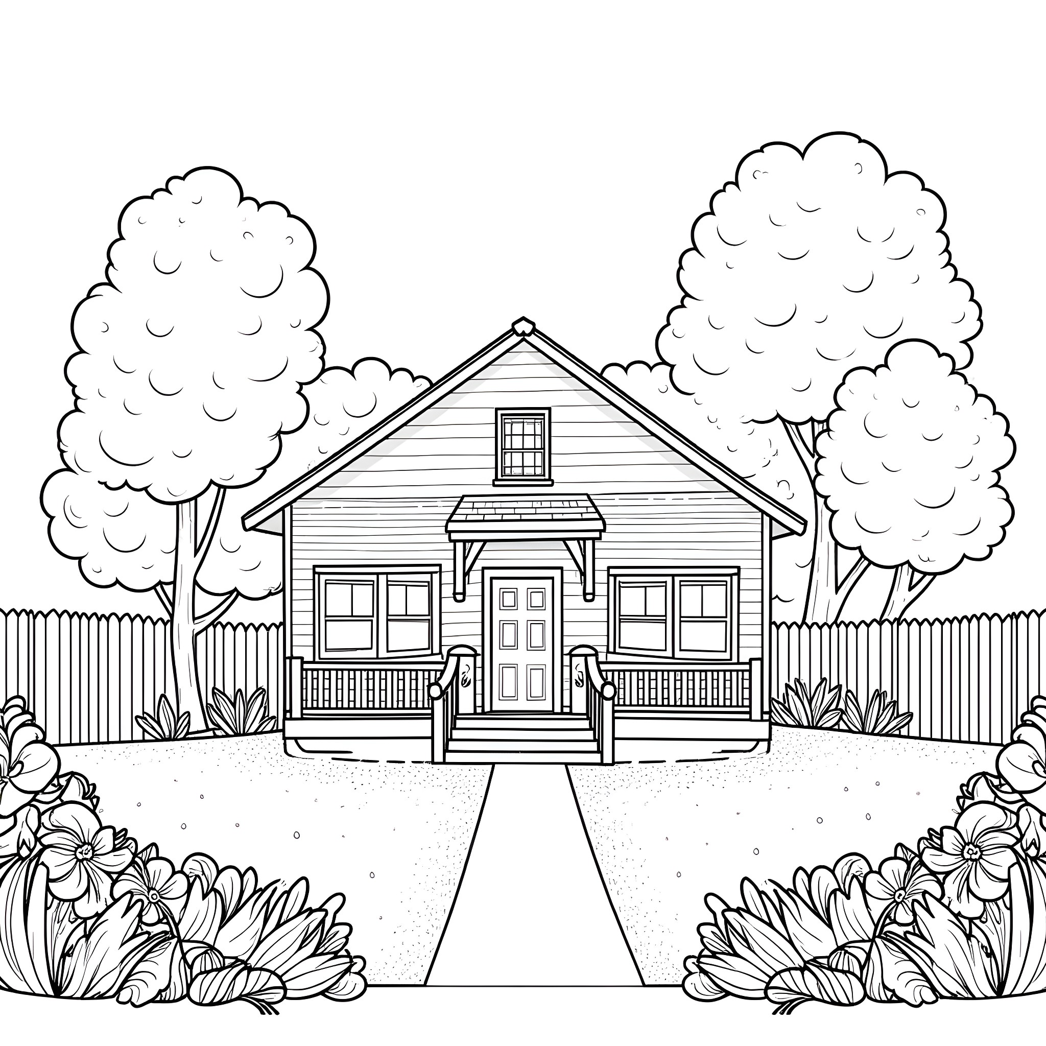 House with Charming Exterior and Blooming Garden Coloring Page (free black-and-white line drawing printable PDF for all, from beginners to advanced learners, including children, teens, adults, and seniors)