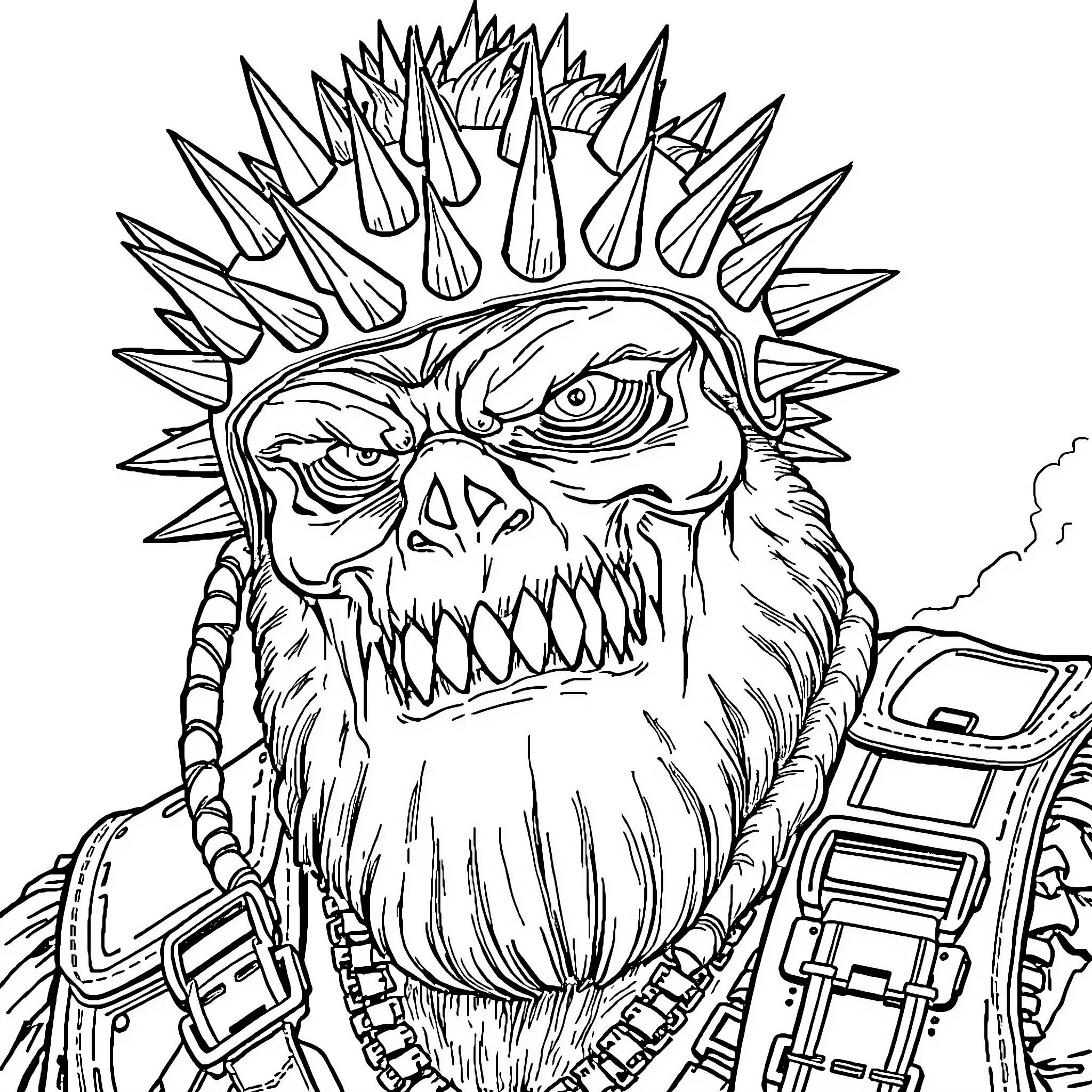 Humungus Fearsome Monster with Menacing Appearance Coloring Page (free black-and-white line drawing printable PDF for all, from beginners to advanced learners, including children, teens, adults, and seniors)