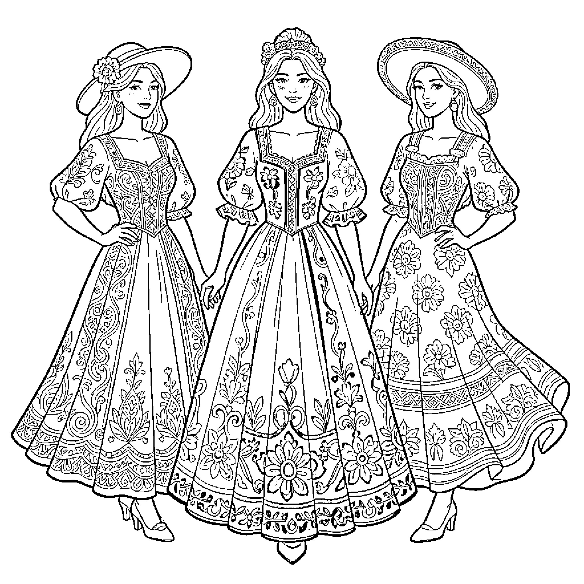 Outfit of Three Elegant Women in Traditional Attire Coloring Page (free black-and-white line drawing printable PDF for all, from beginners to advanced learners, including children, teens, adults, and seniors)