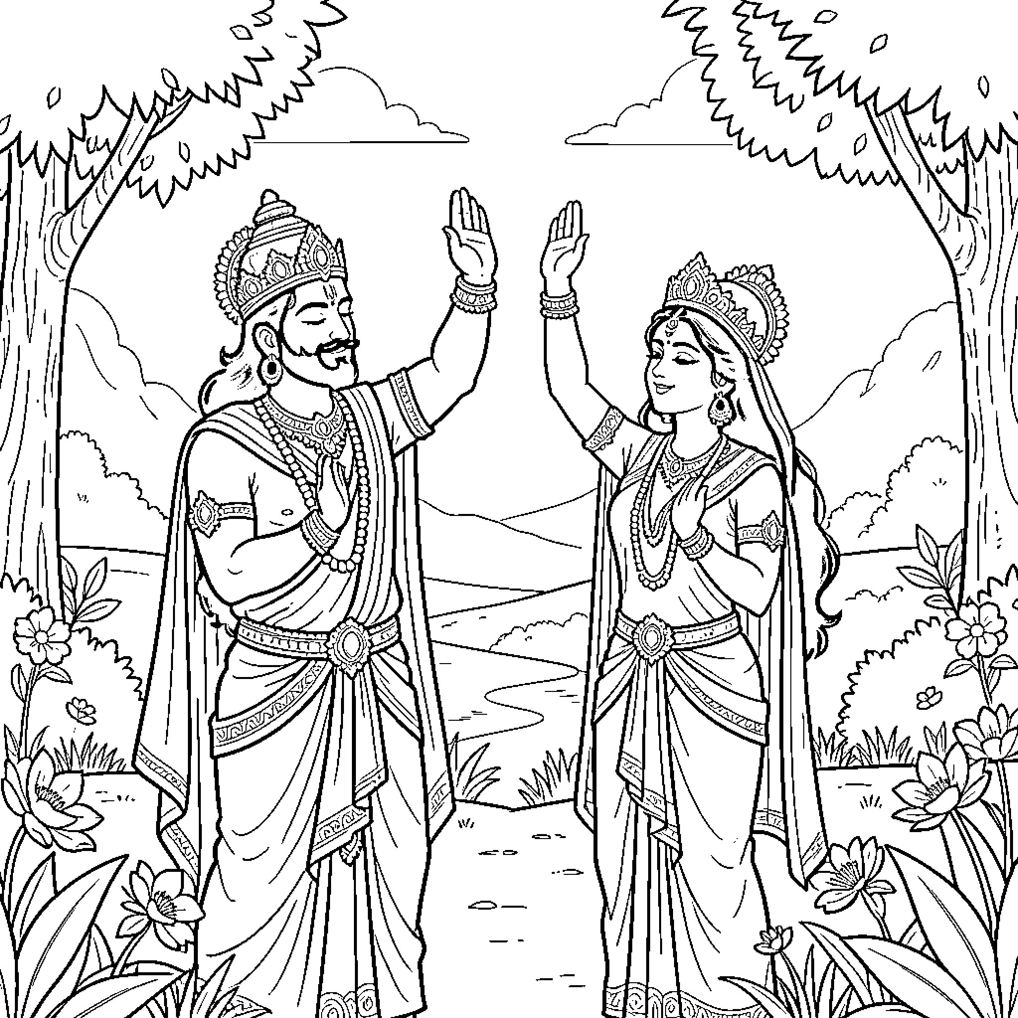 Shiv and Parvati performing a sacred ritual in nature Coloring Page (free black-and-white line drawing printable PDF for all, from beginners to advanced learners, including children, teens, adults, and seniors)