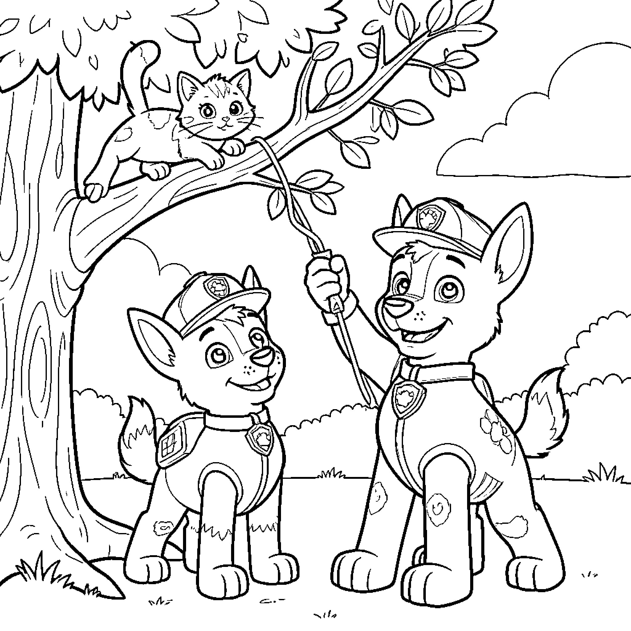 Paw Patrol Pups Explore the Outdoors Coloring Page (free black-and-white line drawing printable PDF for all, from beginners to advanced learners, including children, teens, adults, and seniors)