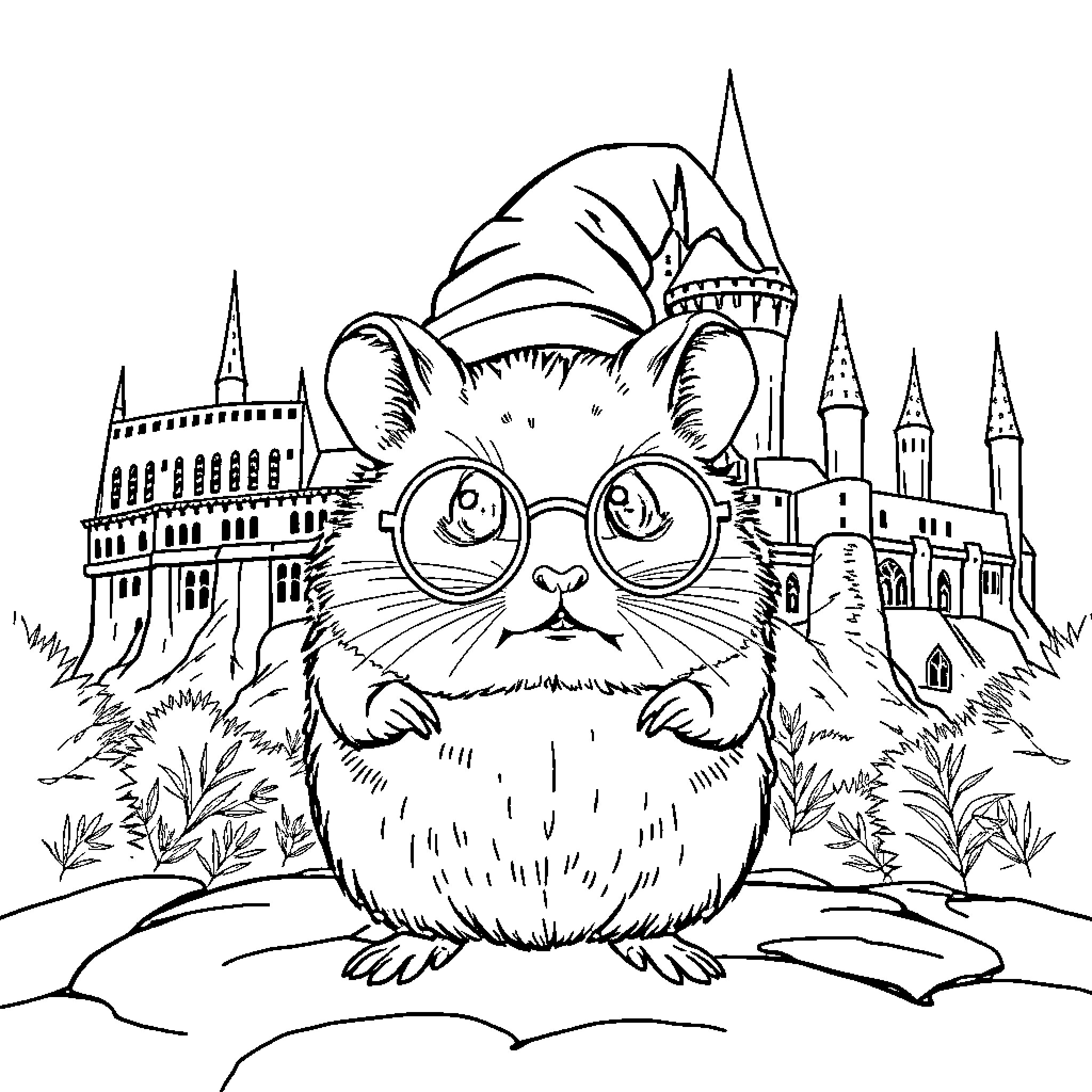 Hamster Exploring a Magical Castle Coloring Page (free black-and-white line drawing printable PDF for all, from beginners to advanced learners, including children, teens, adults, and seniors)