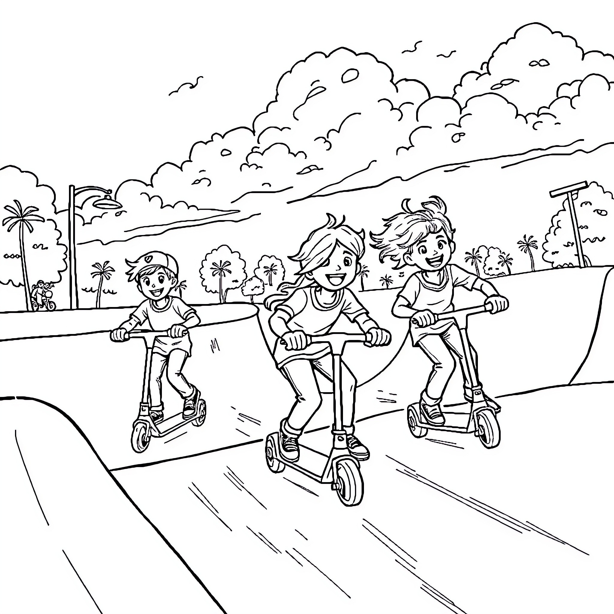 Kids riding scooters on a sunny day Coloring Page (free black-and-white line drawing printable PDF for all, from beginners to advanced learners, including children, teens, adults, and seniors)