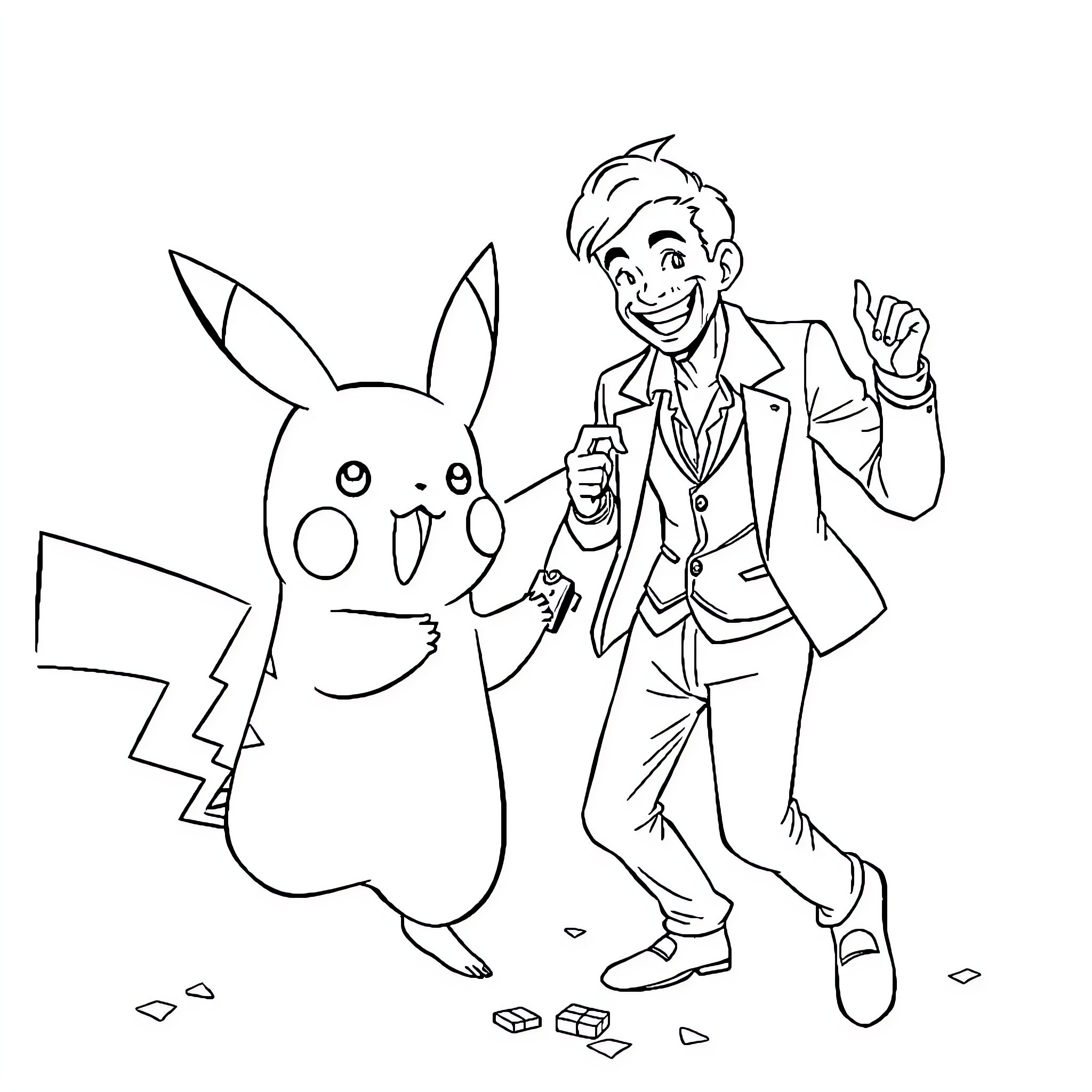 Pikachu and the jovial trainer Coloring Page (free black-and-white line drawing printable PDF for all, from beginners to advanced learners, including children, teens, adults, and seniors)
