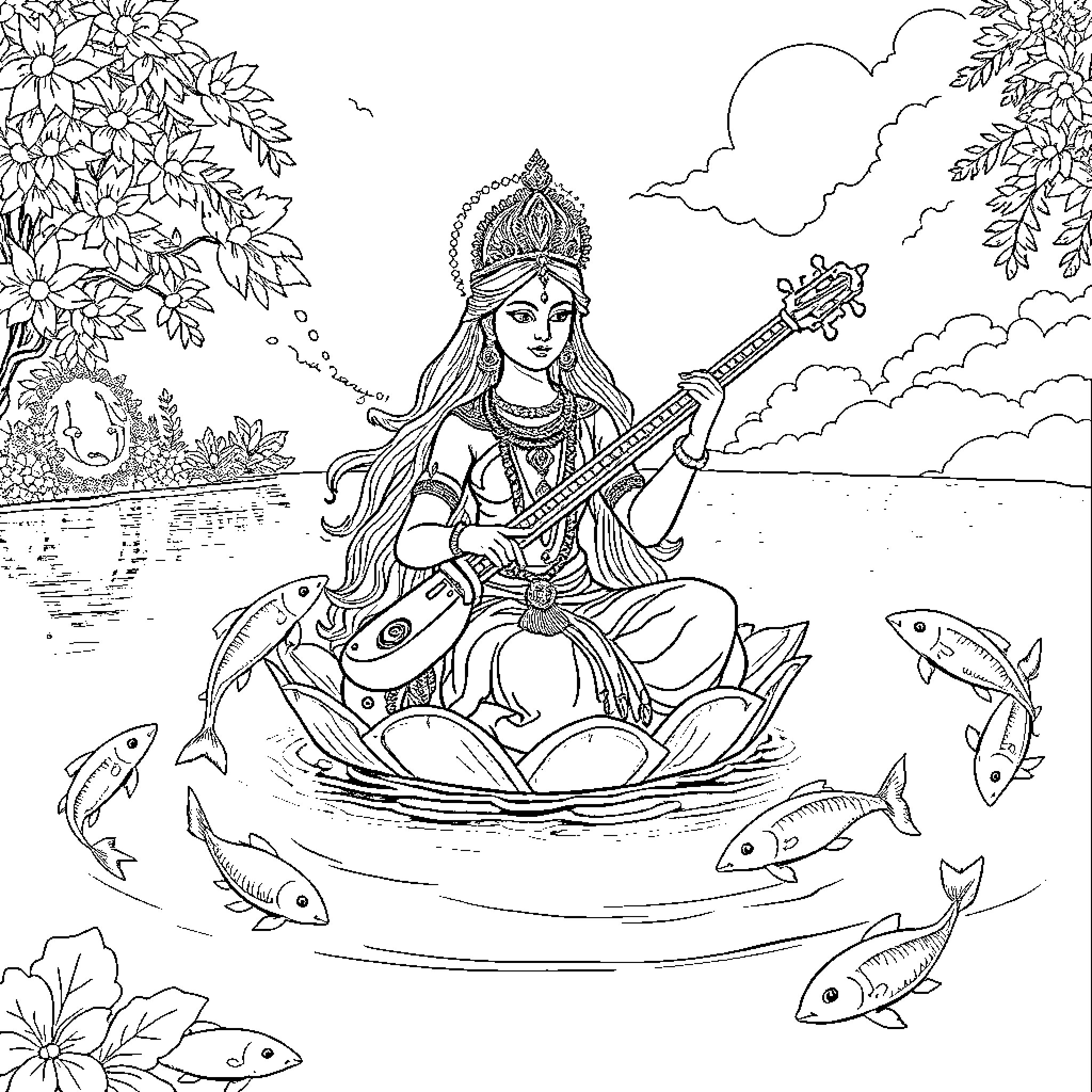 Saraswati, the goddess of knowledge, playing the veena amidst nature Coloring Page (free black-and-white line drawing printable PDF for all, from beginners to advanced learners, including children, teens, adults, and seniors)