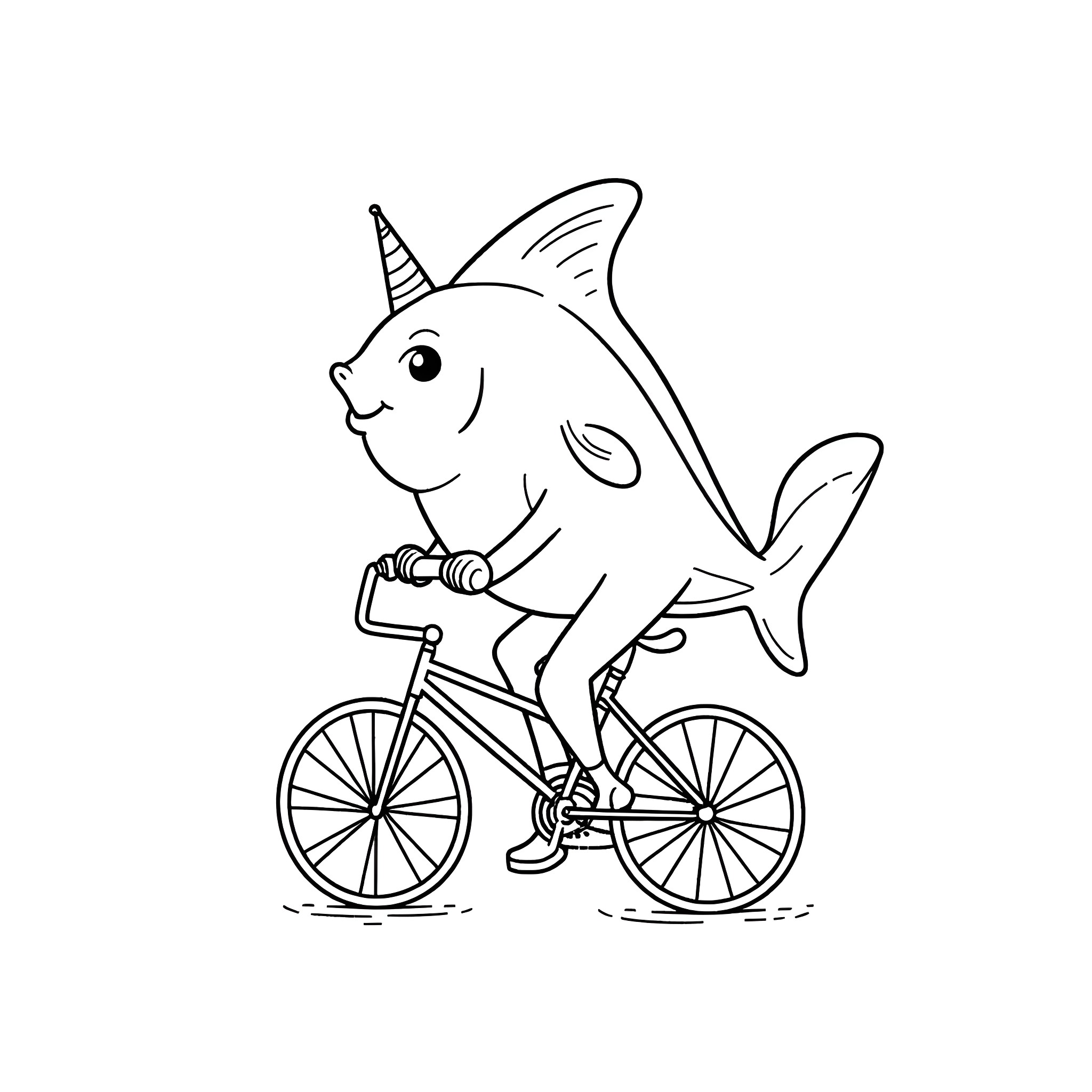 Tuna riding a bicycle with joy Coloring Page (free black-and-white line drawing printable PDF for all, from beginners to advanced learners, including children, teens, adults, and seniors)