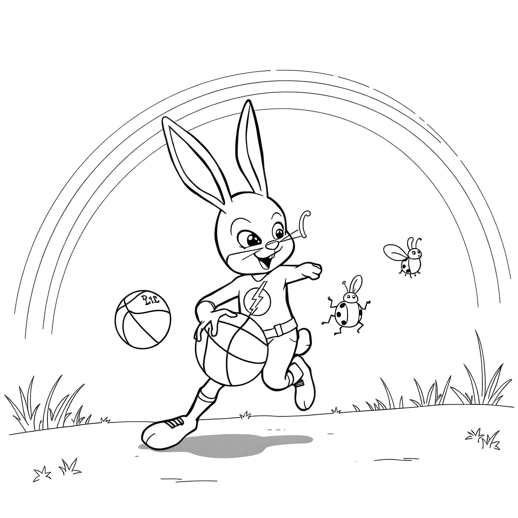 Rabbit chasing playful butterflies outdoors Coloring Page (free black-and-white line drawing printable PDF for all, from beginners to advanced learners, including children, teens, adults, and seniors)