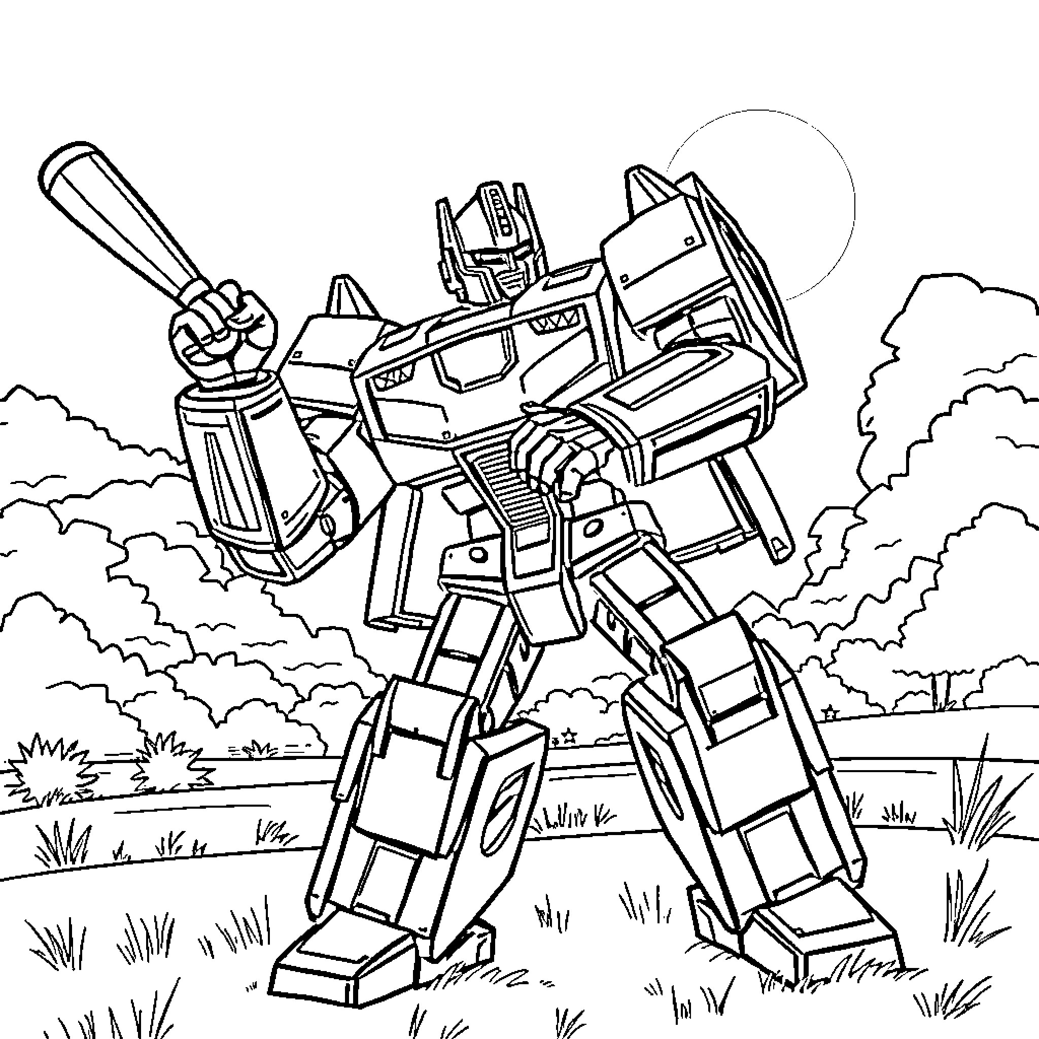Megatron Robot Transformation in Nature Coloring Page (free black-and-white line drawing printable PDF for all, from beginners to advanced learners, including children, teens, adults, and seniors)