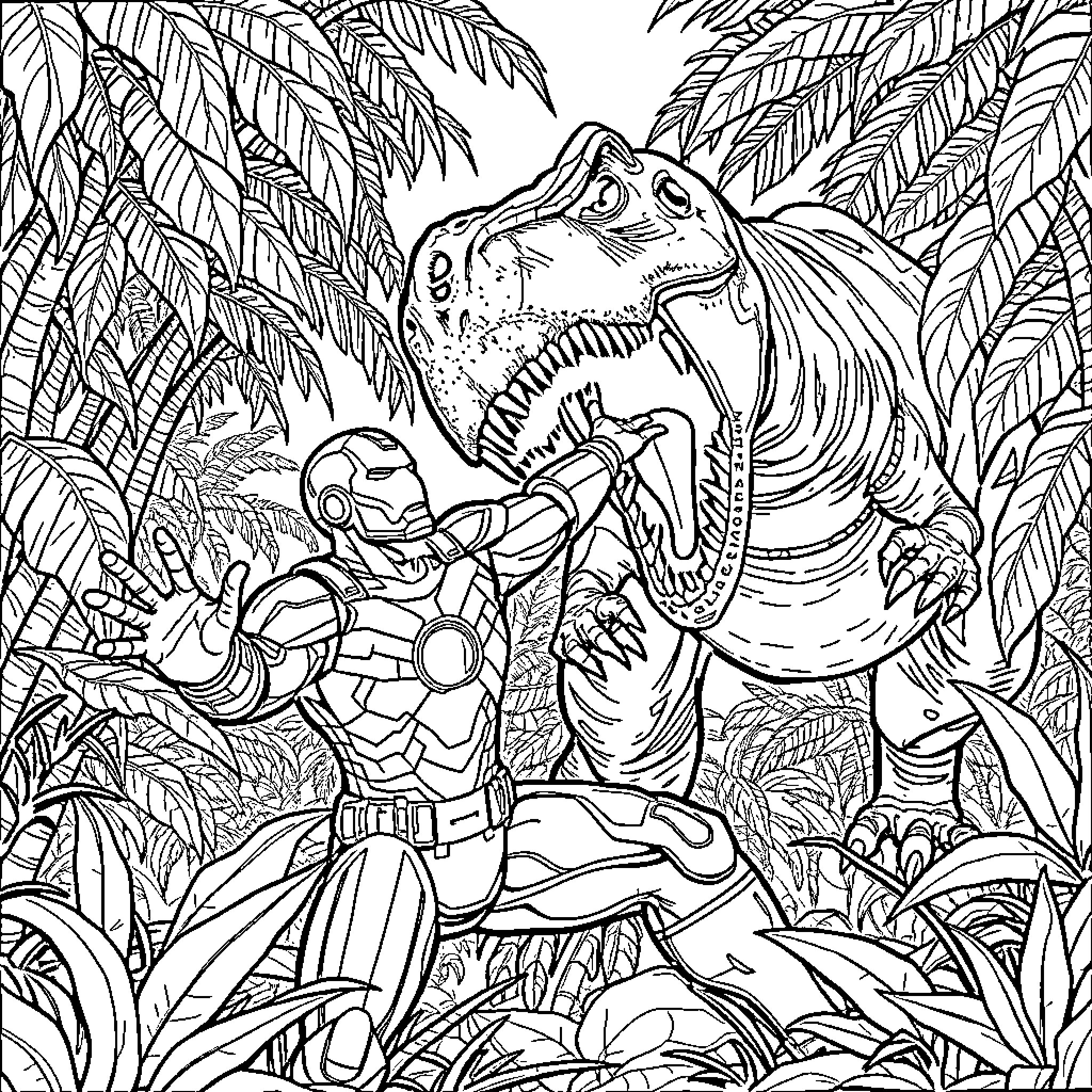 Ironman battling a ferocious dinosaur in the jungle Coloring Page (free black-and-white line drawing printable PDF for all, from beginners to advanced learners, including children, teens, adults, and seniors)