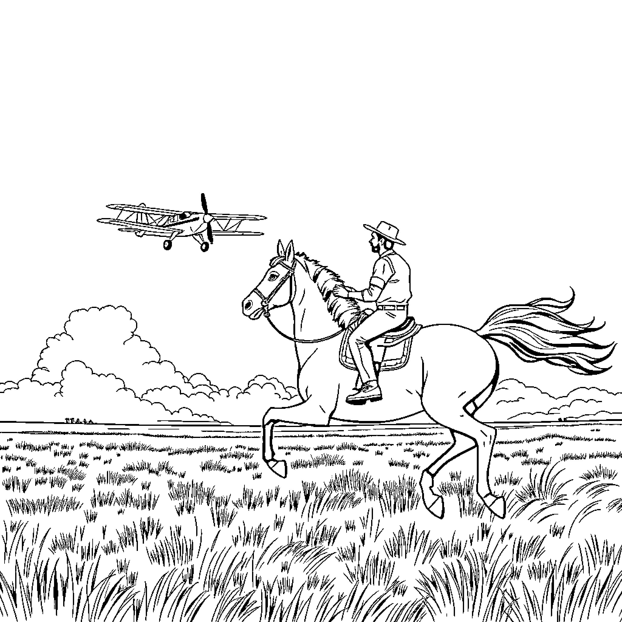 Farmer riding horse while plane flies overhead Coloring Page (free black-and-white line drawing printable PDF for all, from beginners to advanced learners, including children, teens, adults, and seniors)