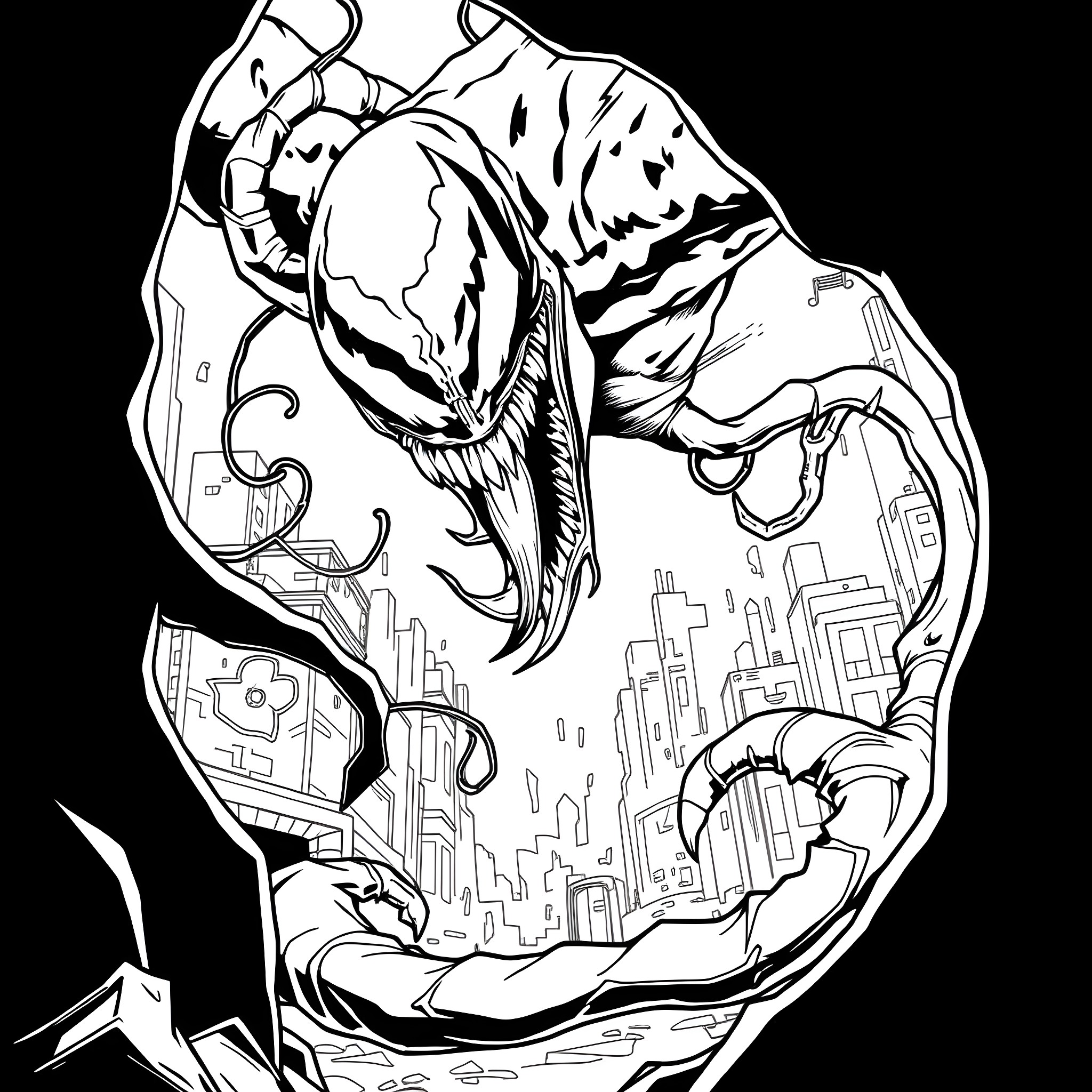 Venom's Ferocious Attack on the City Coloring Page (free black-and-white line drawing printable PDF for all, from beginners to advanced learners, including children, teens, adults, and seniors)