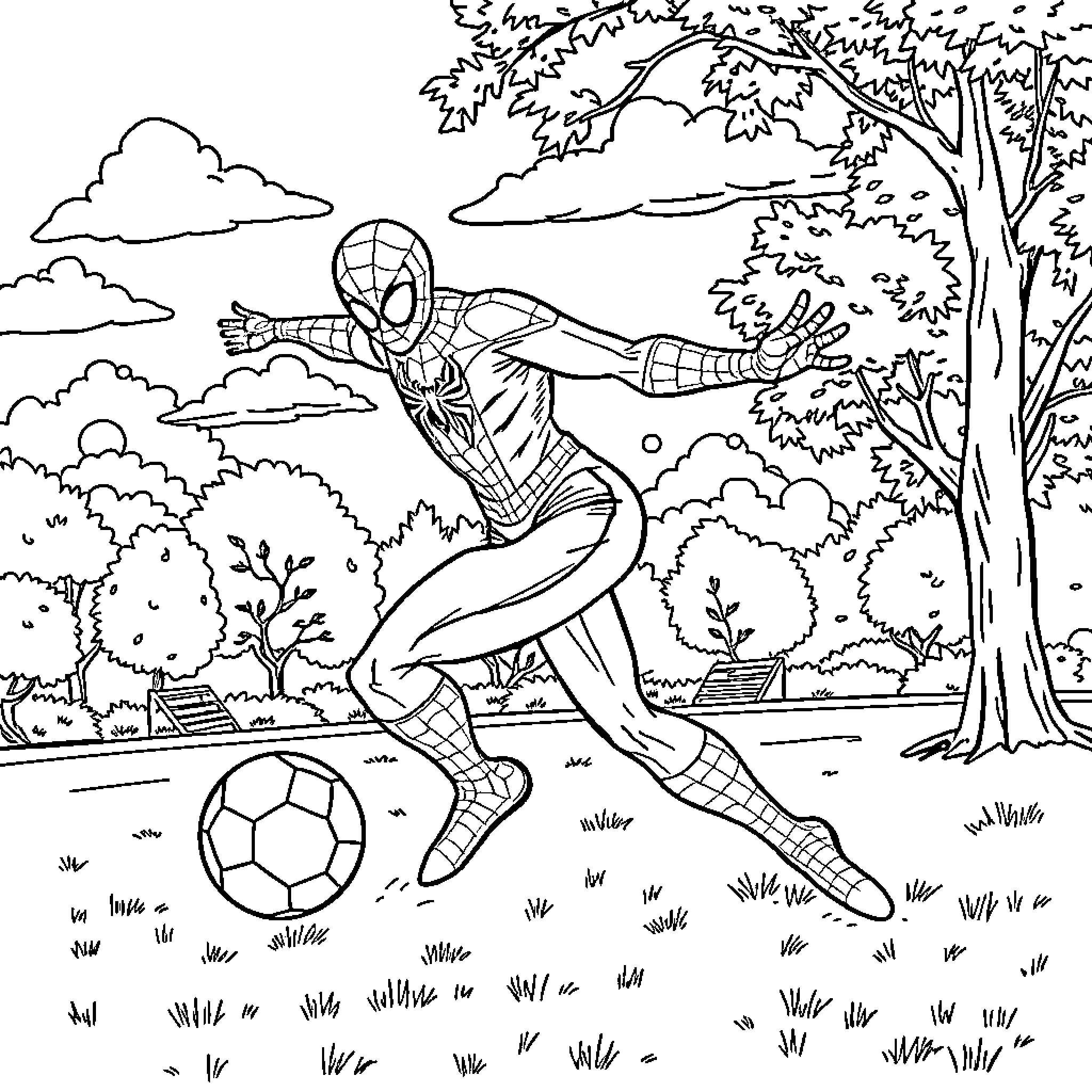 Spiderman playing with soccer ball in the park Coloring Page (free black-and-white line drawing printable PDF for all, from beginners to advanced learners, including children, teens, adults, and seniors)