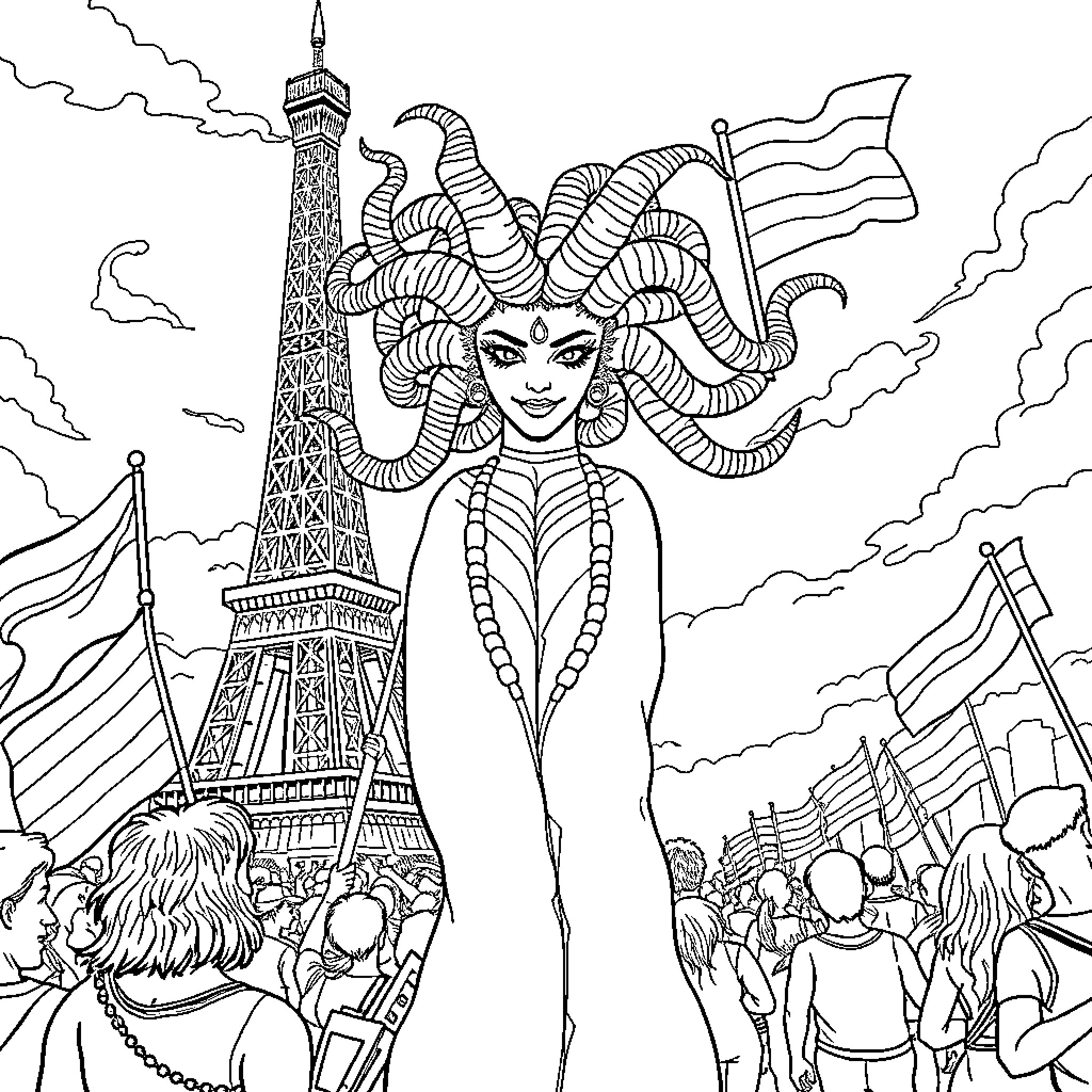 Medusa in a Whimsical Parisian Scene Coloring Page (free black-and-white line drawing printable PDF for all, from beginners to advanced learners, including children, teens, adults, and seniors)
