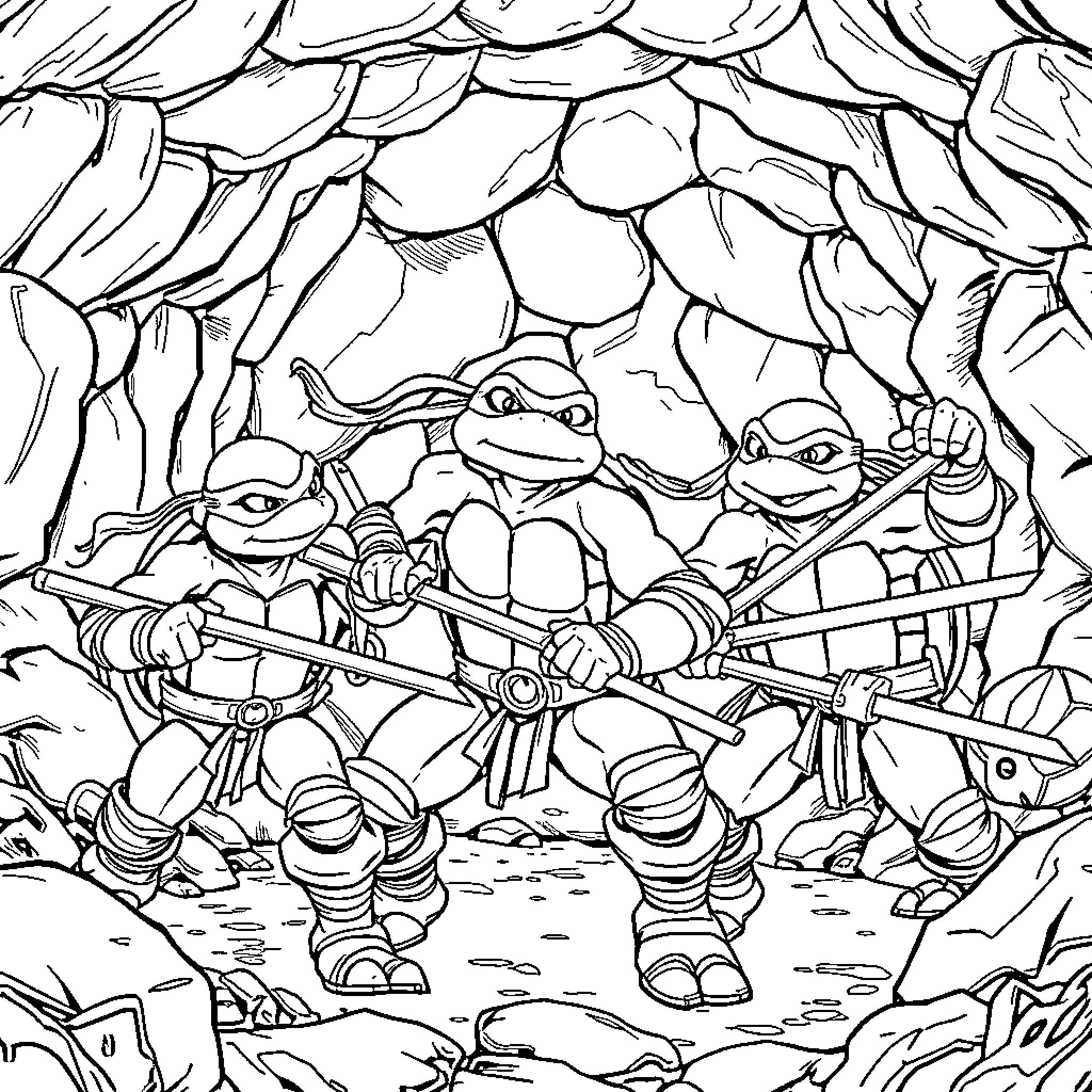 Ninja Turtle heroes in combat action pose Coloring Page (free black-and-white line drawing printable PDF for all, from beginners to advanced learners, including children, teens, adults, and seniors)