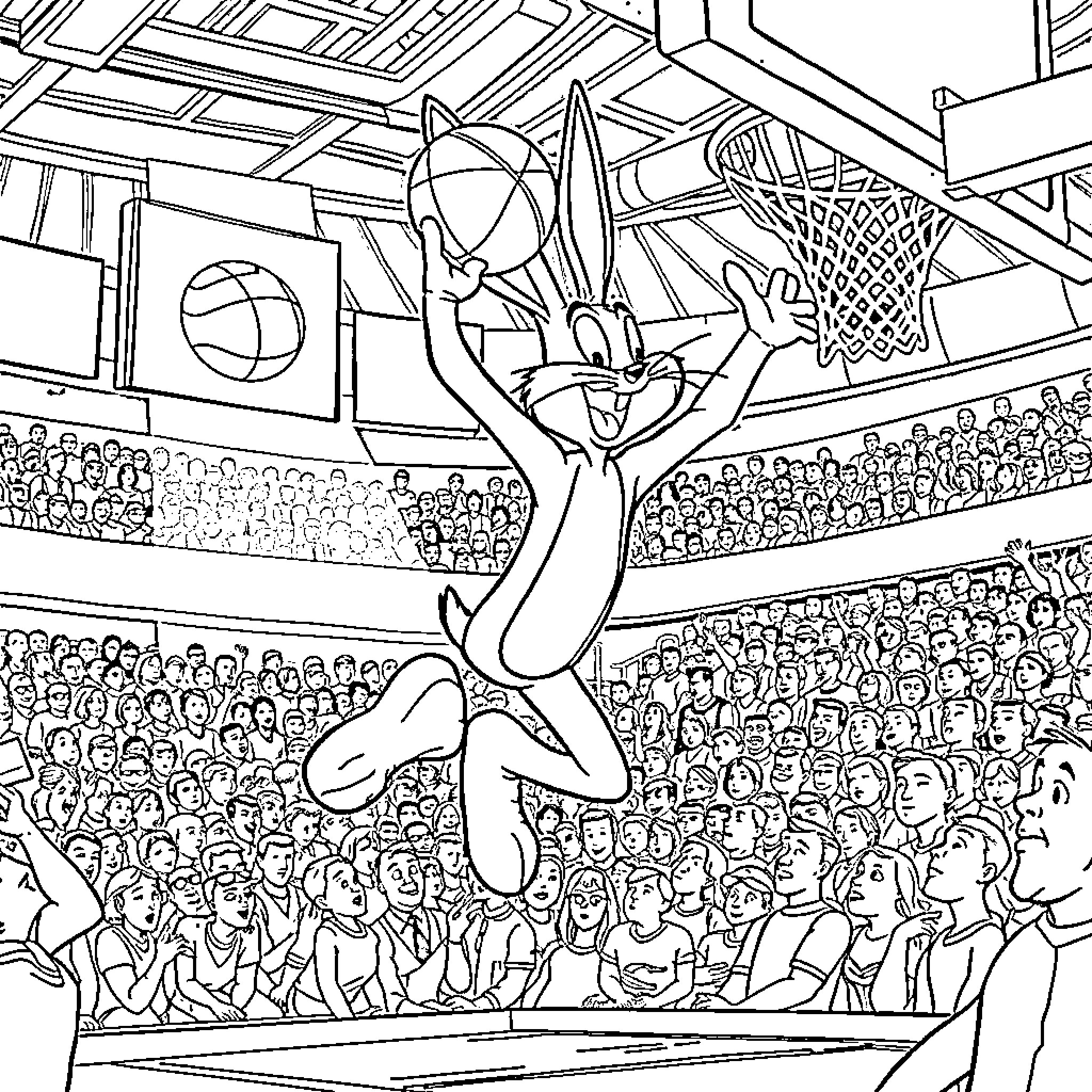 Bugs Bunny dunking a basketball in a crowded arena Coloring Page (free black-and-white line drawing printable PDF for all, from beginners to advanced learners, including children, teens, adults, and seniors)